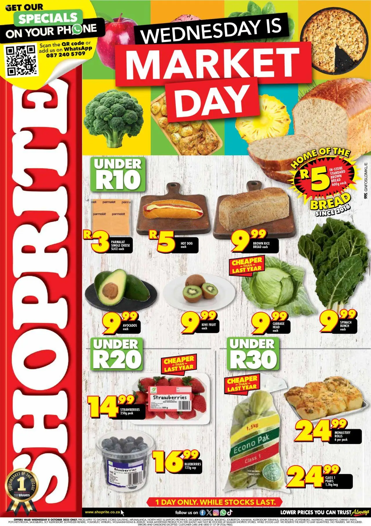 Preview of Shoprite flyer valid from 08/10/2025 - Phone, Bag, Bread, Strawberries, Blueberries, Rice, Pears