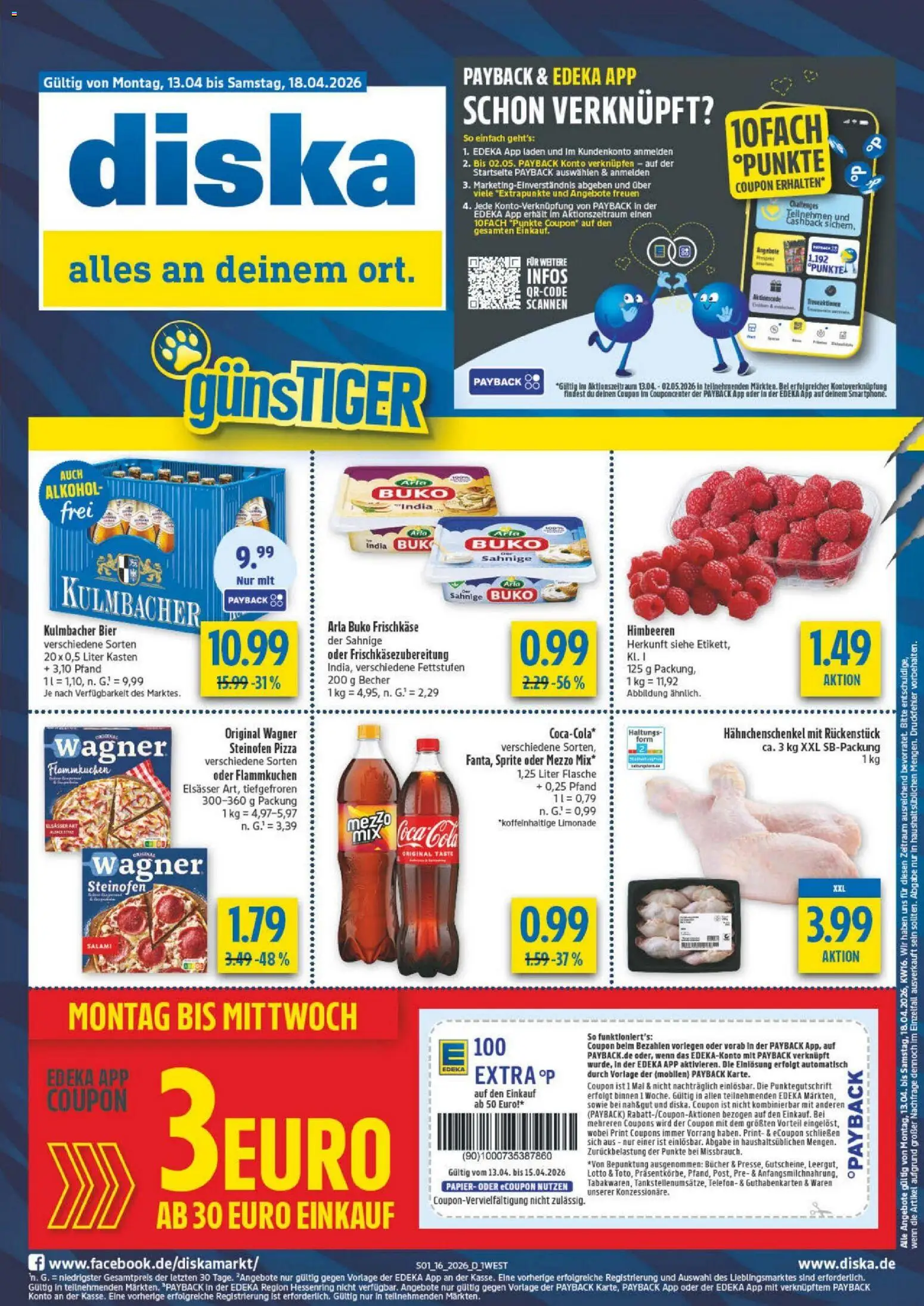 Vorschau von dem Prospekt des Geschäftes Diska, gültig ab dem 13.04.2026 - Pizza, Bier, Cola, Himbeeren, Salami, Hahnchenschenkel, Sprite, Arla buko
