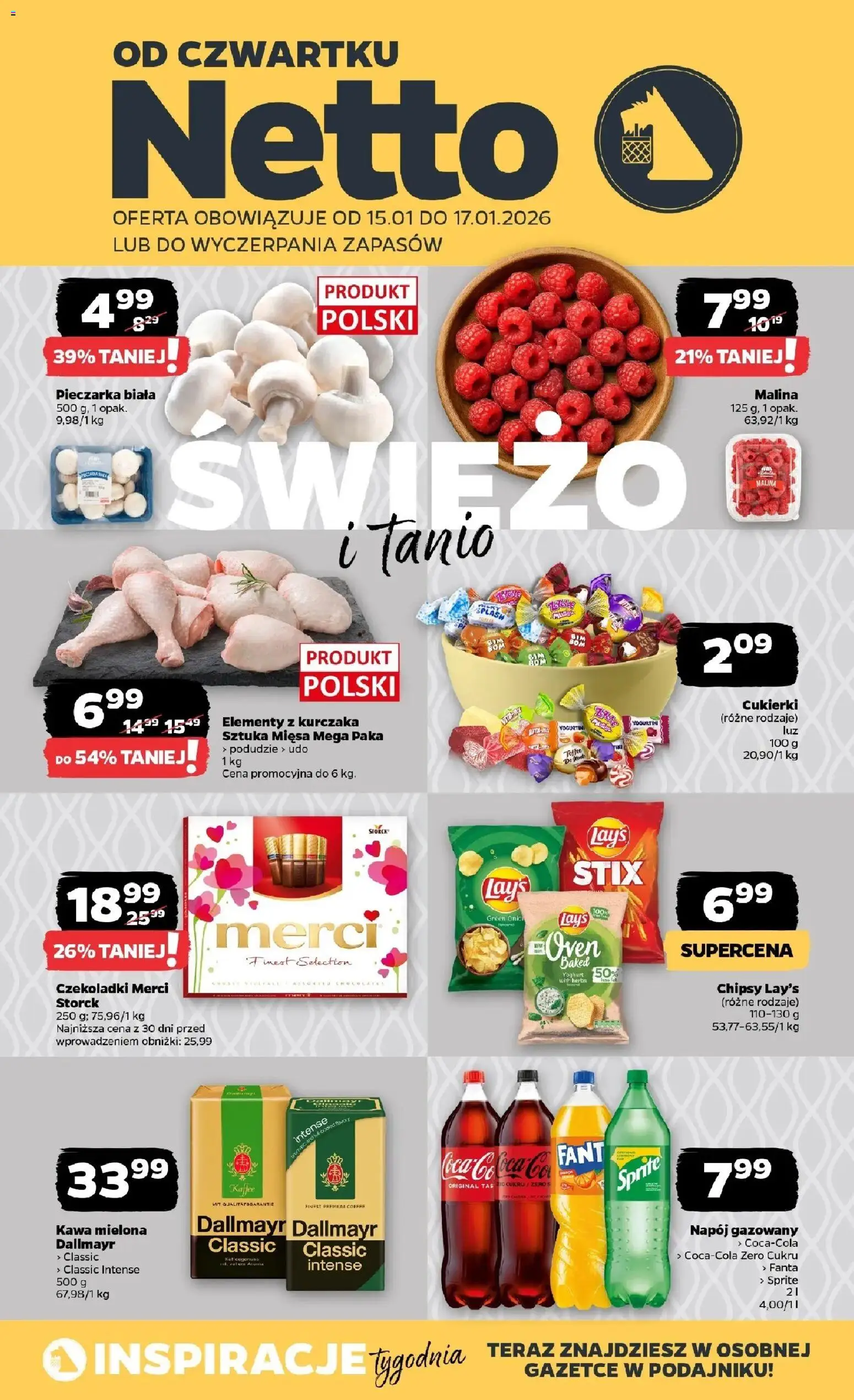 Pogląd gazetki "Gazetka spożywcza" ze sklepu Netto ważnej od 15.01.2026 - Lays, Chipsy, Malina, Dallmayr, Sprite, Fanta, Czekoladki, Kawa mielona