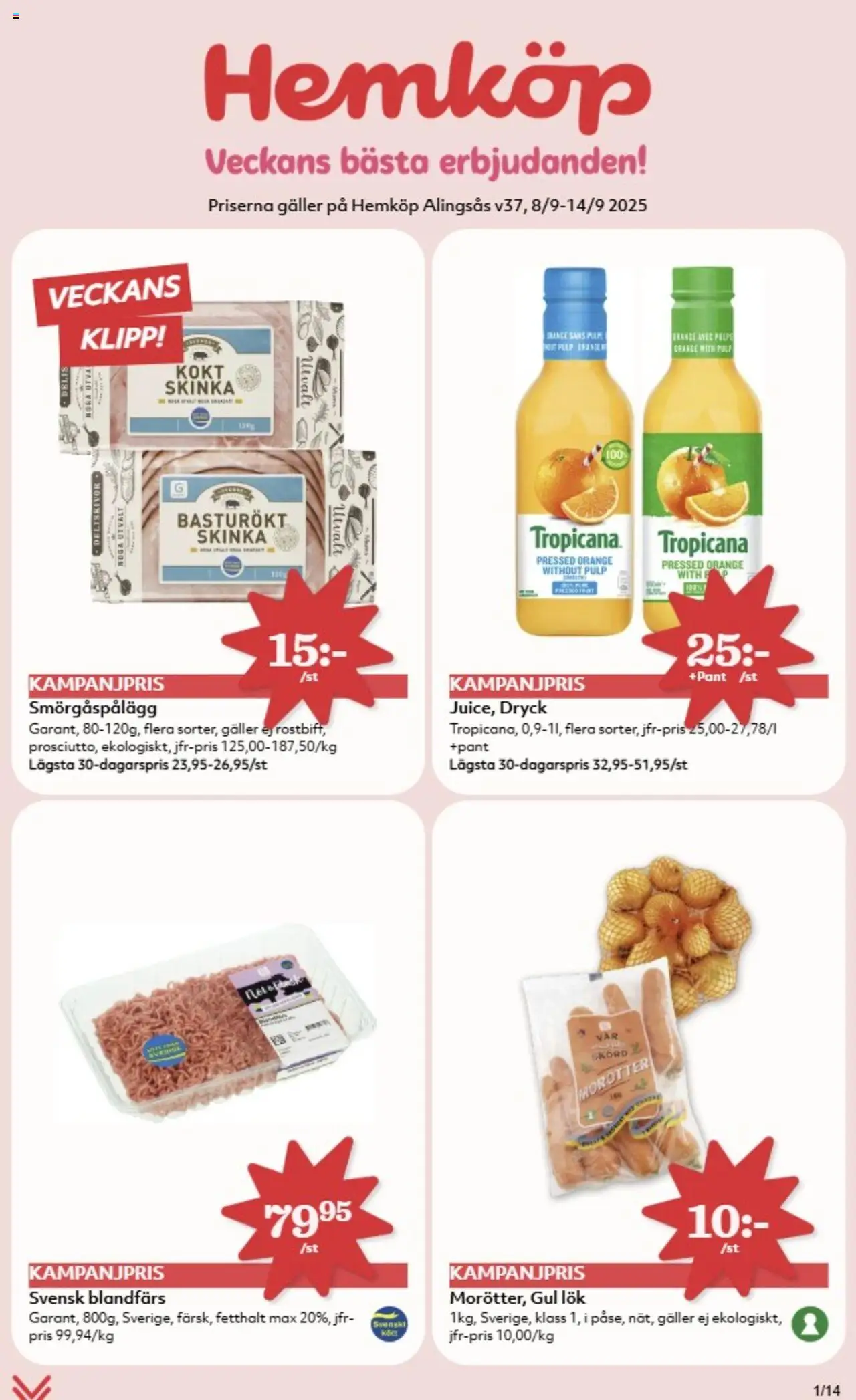 Aktuella reklamblad Hemköp är giltig 08/09 2025 > Veckans Erbjudanden gäller från 08/09/2025 till 14/09/2025 sidnummer 1