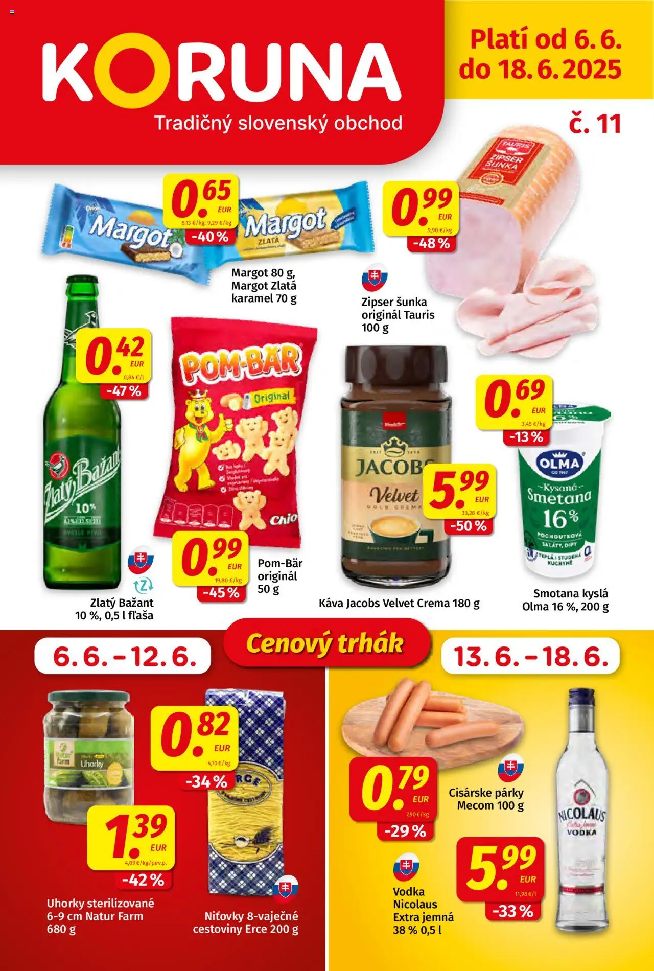 Koruna Leták (06.06. - 18.06.2025) - Akčná ponuka - Cestoviny, Kuchyne, Vodka, Nicolaus vodka, Párky, Smotana, Zlatý Bažant, Uhorky