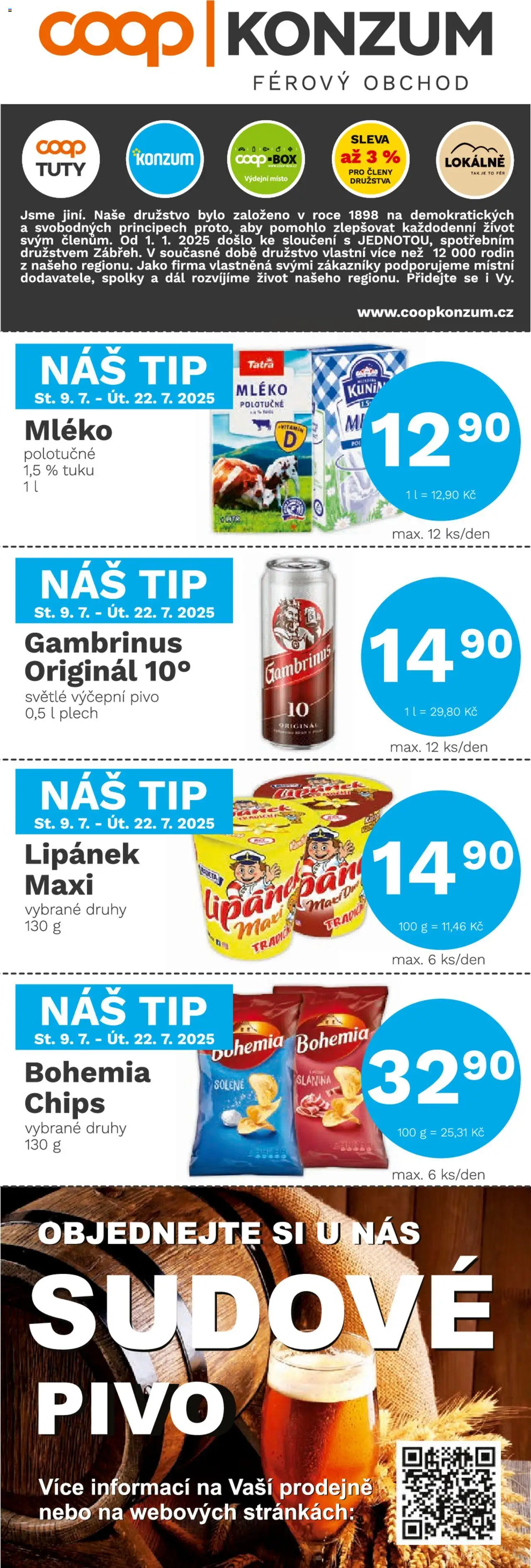  Konzum Leták (09.07.2025 - 22.07.2025) - Mléko, Box, Gambrinus, Lipánek, Plech, Slanina, Bohemia chips, Polotučné mléko