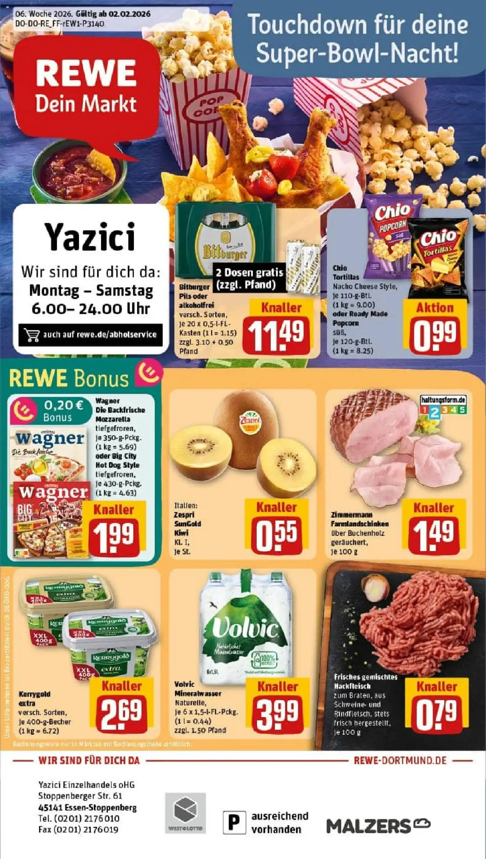 Vorschau von dem Prospekt des Geschäftes Rewe, gültig ab dem 02.02.2026 - Pizza, Uhr, Tortillas, Hackfleisch, Bitburger, Volvic, Pils, Chio tortillas