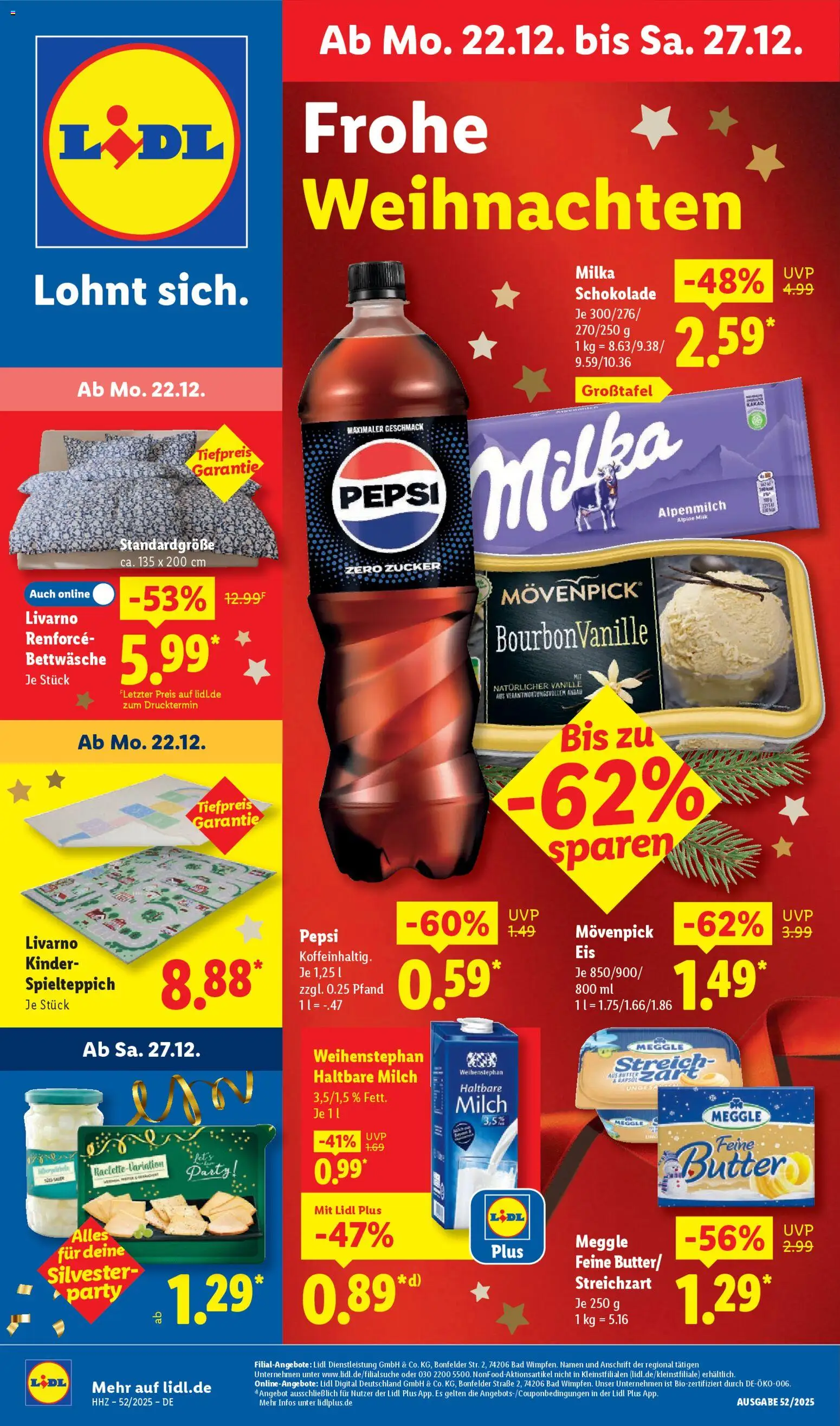 Vorschau von dem Prospekt des Geschäftes Lidl, gültig ab dem 22.12.2025 - Butter, Bettwäsche, Bad, Milka, Zucker, Pepsi, Haltbare milch, Milch 3,5%