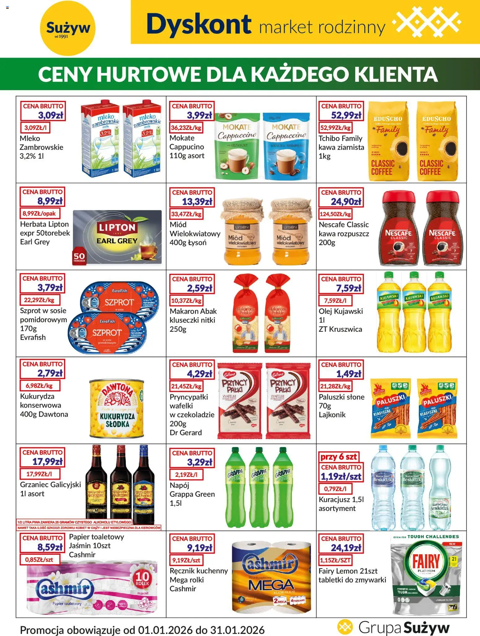 Pogląd gazetki "Dyskont" ze sklepu Sużyw ważnej od 01.01.2026 - Tchibo, Makaron, Rolki, Kawa ziarnista, Kukurydza, Tabletki do zmywarki, Papier toaletowy, Grzaniec galicyjski