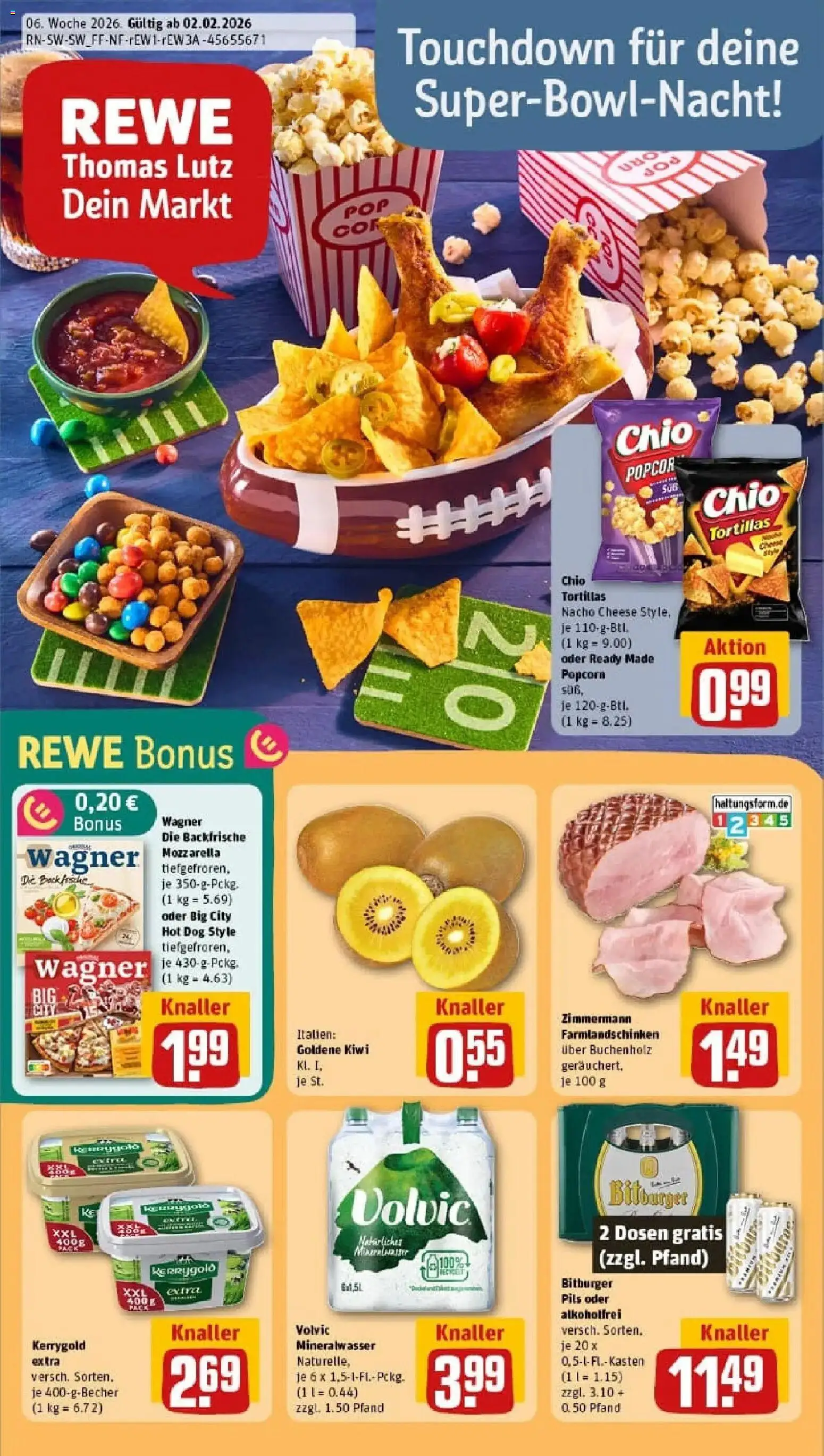 Vorschau von dem Prospekt des Geschäftes Rewe, gültig ab dem 02.02.2026 - Pizza, Tortillas, Mozzarella, Mineralwasser, Popcorn, Bitburger, Volvic, Chio tortillas
