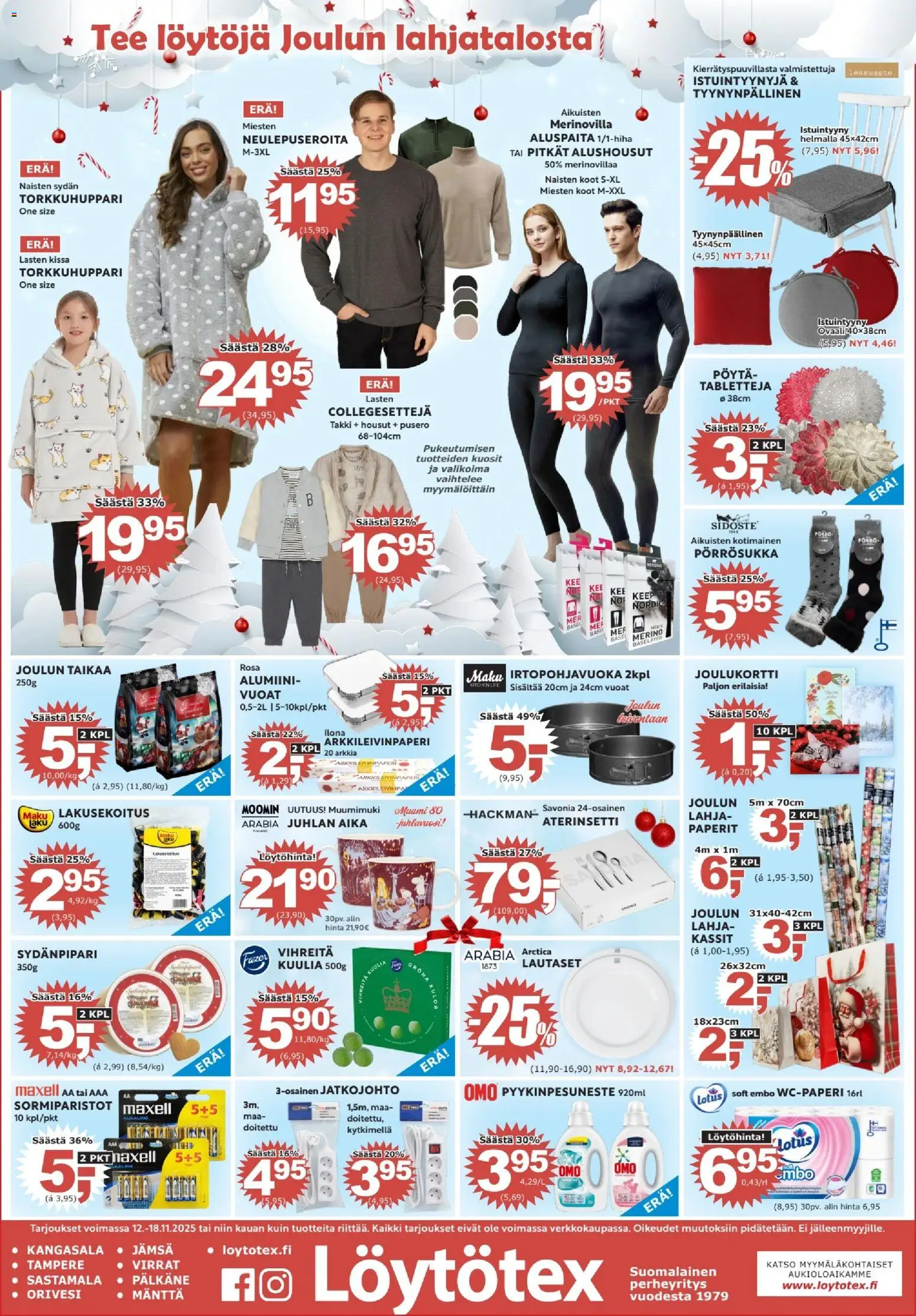 Kaupan Löytötex Tarjoukset esikatselu, voimassa 12/11/2025 - Jatkojohto, Takki, Pöytä, Tee, Istuintyyny, Lotus, Alushousut, Pusero