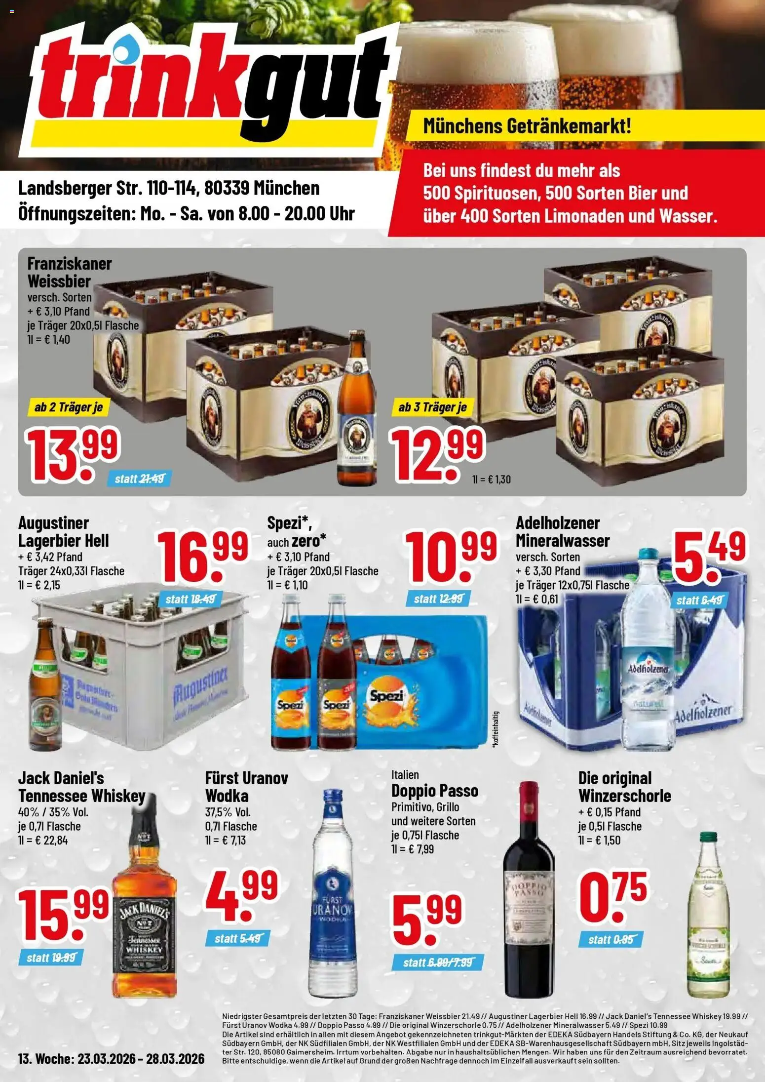 Vorschau von dem Prospekt des Geschäftes Trinkgut, gültig ab dem 23.03.2026 - Bier, Mineralwasser, Whiskey, Wodka, Adelholzener, Doppio Passo, Weißbier, Jack Daniel's