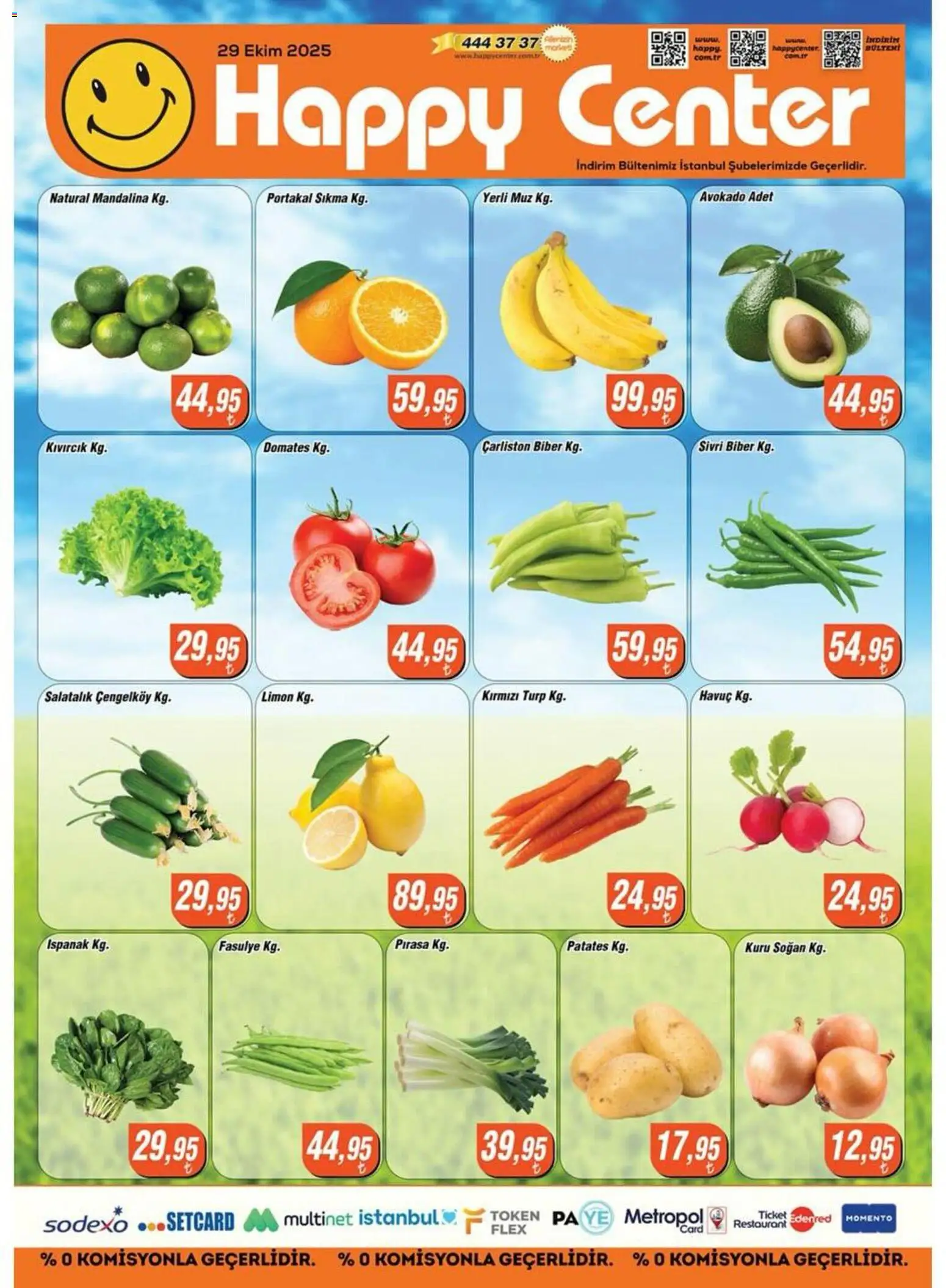 Happy Center Manav 29.10.2025 - Broşürünün önizlemesi - Patates, Portakal, Ispanak, Muz, Turp, Mandalina, Salatalık, Biber