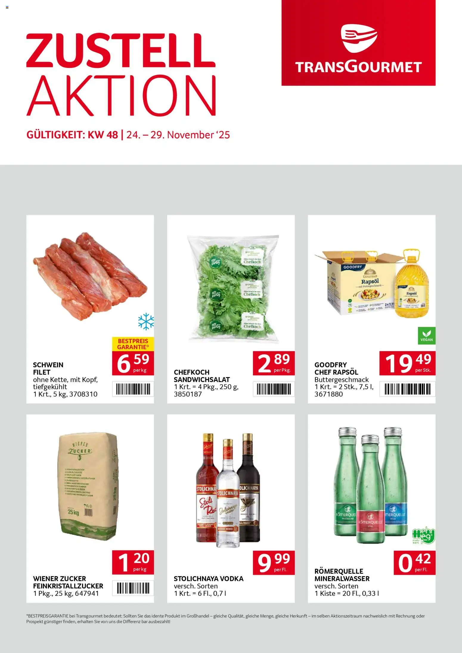 Vorschau der Angebote: Transgourmet Zustellaktion gültig ab 24.11.2025 - Mineralwasser, Zucker, Rapsöl