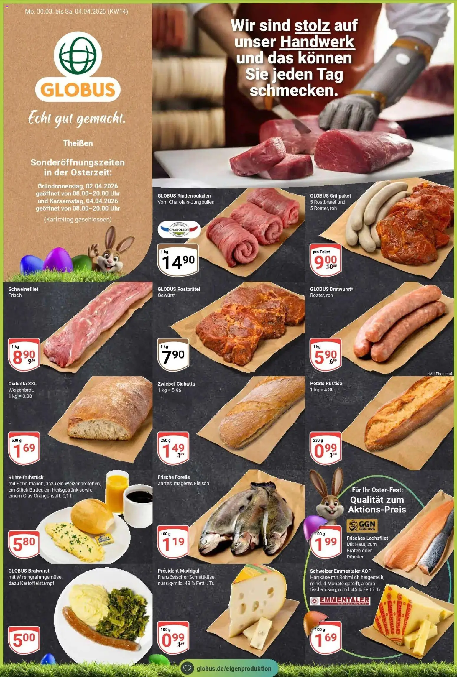 Vorschau von dem Prospekt des Geschäftes Globus, gültig ab dem 30.03.2026 - Uhr, Bratwurst, Rinderrouladen, Fleisch, Schweinefilet