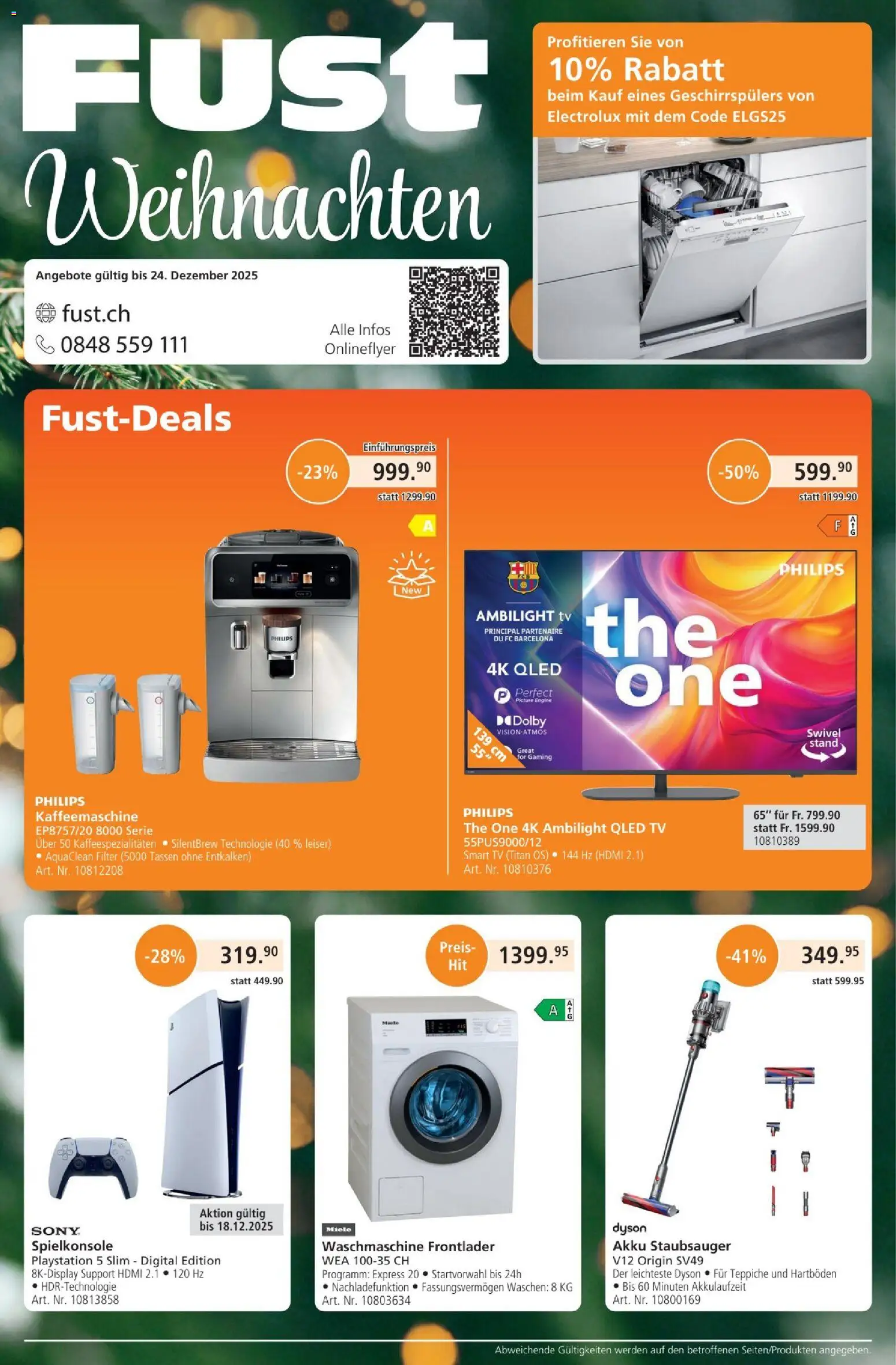 Vorschau des Merkblatts Aktionen vom Shop Fust gültig von 01.01.2025 bis 24.12.2025 - Dyson, Playstation, Kaffeemaschine, Staubsauger, Waschmaschine, Miele, Philips, Spielkonsole