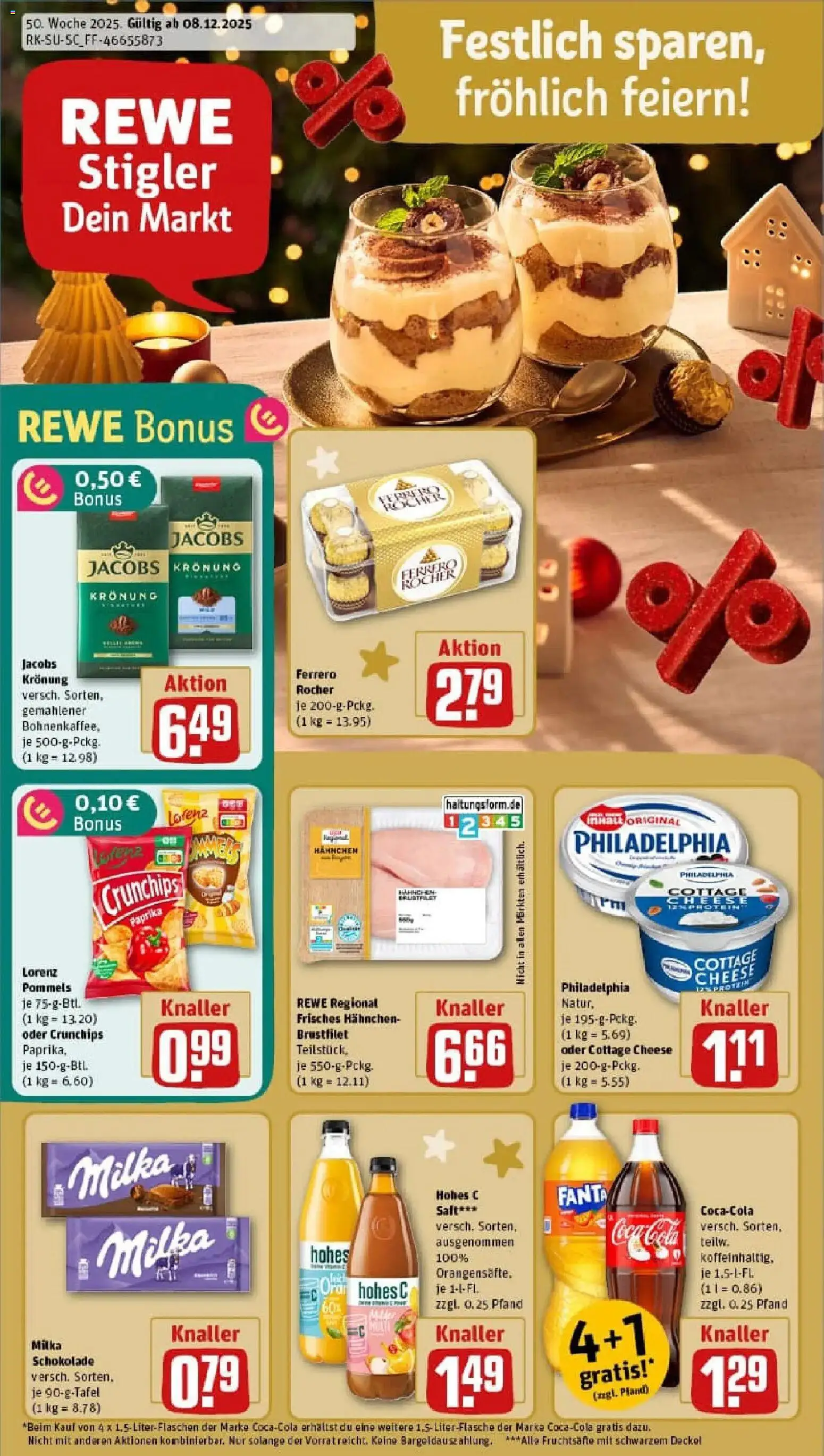 Vorschau von dem Prospekt des Geschäftes Rewe, gültig ab dem 07.12.2025 - Philadelphia, Milka schokolade, Milka, Paprika, Ferrero rocher, Fanta, Saft, Hahnchen