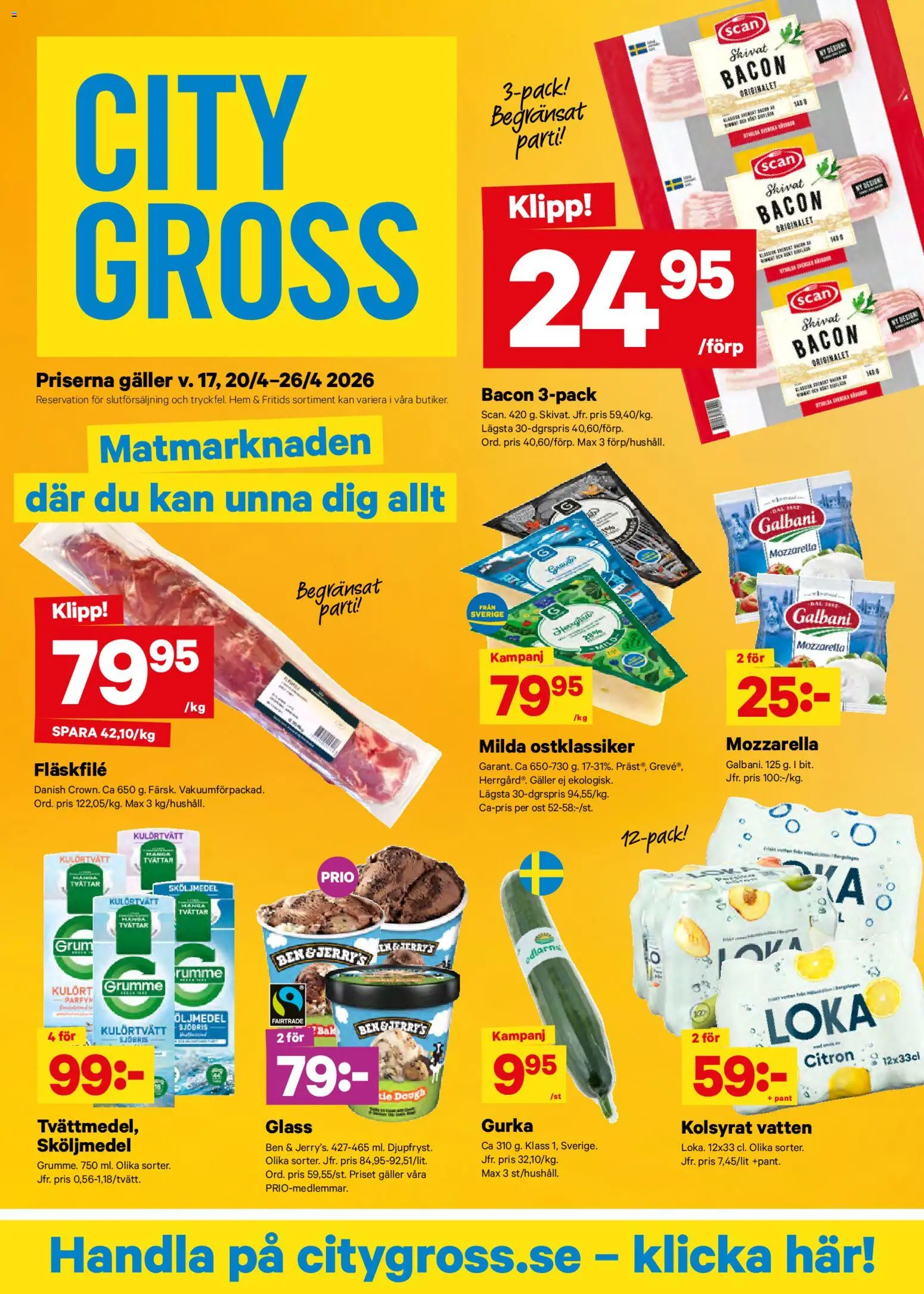 Förhandsgranska reklamblad City Gross erbjudanden från butik City Gross gäller från 20/04/2026 - Glass, Ost, Mozzarella, Sköljmedel, Galler, Ben, Citron, Fläskfilé