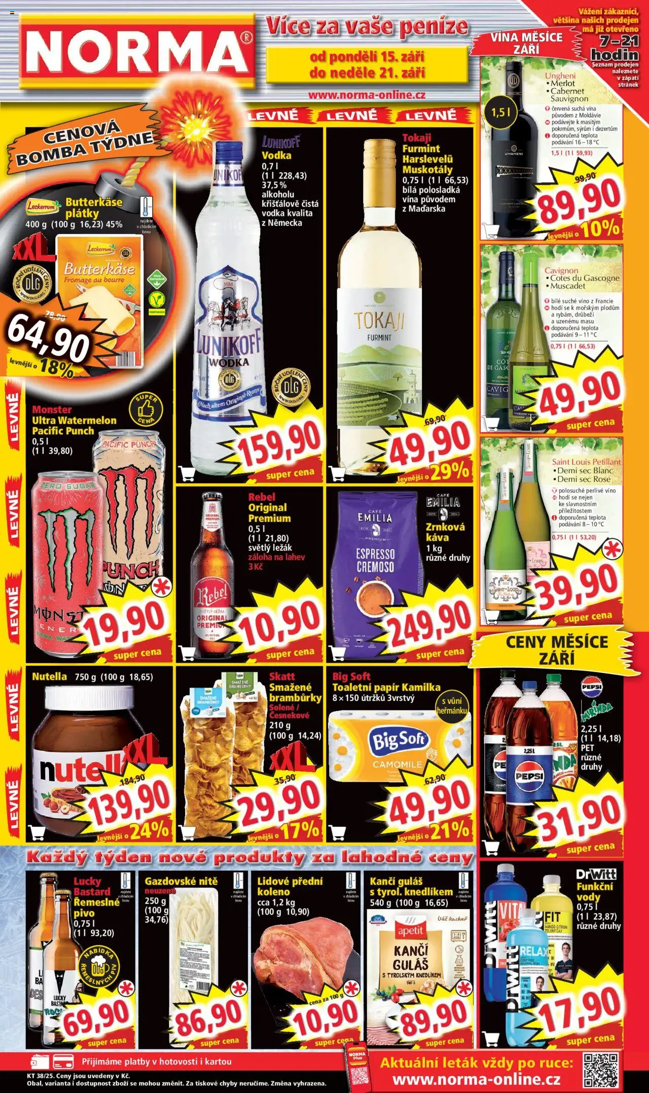  Norma Leták (15.09.2025) příští týden - Akční leták - Káva, Monster, Víno, Vodka, Pepsi, Koleno, Merlot, Bramburky