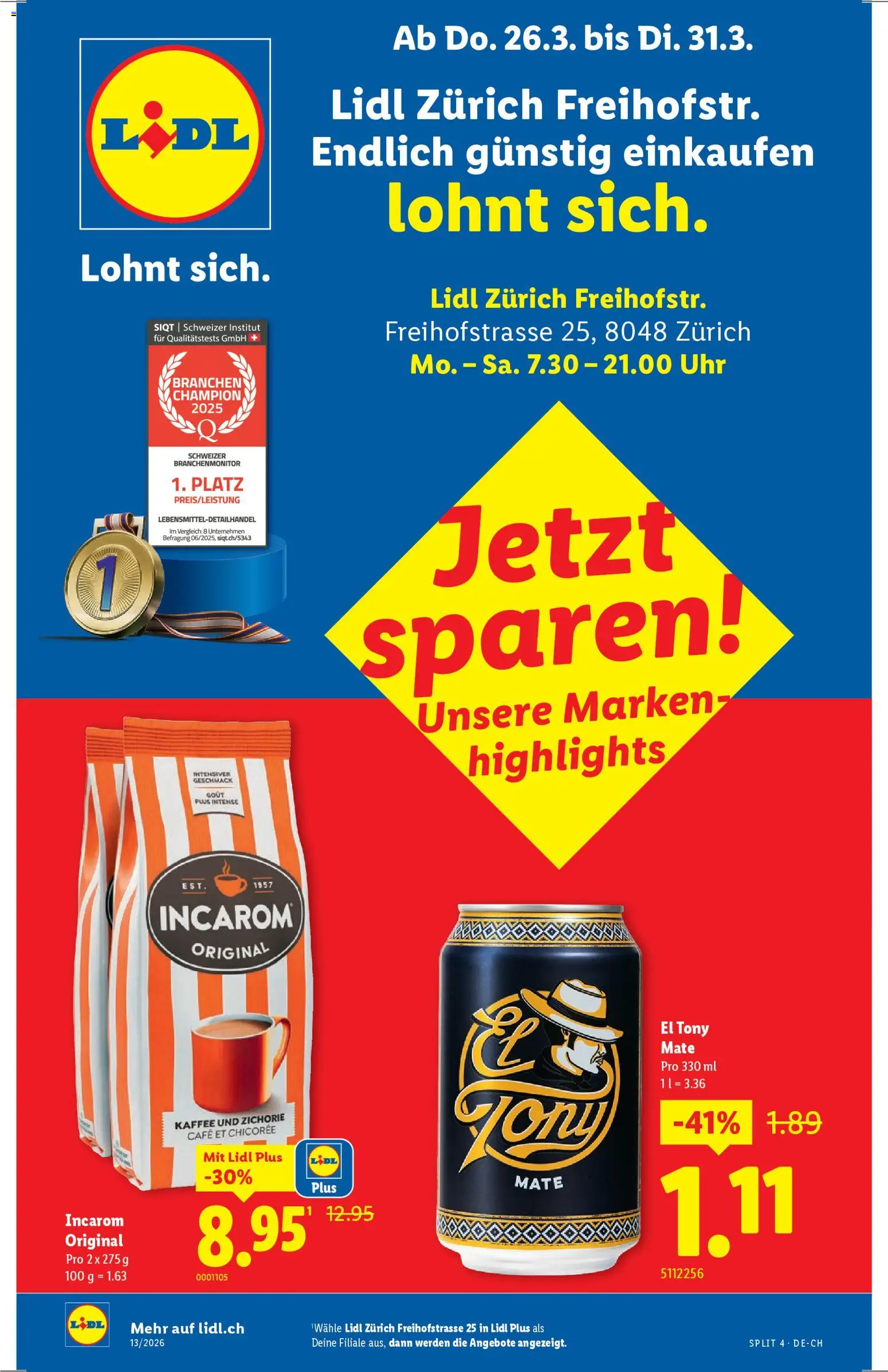 Vorschau des Merkblatts Lidl Aktionen Neueröffnung Zürich vom Shop Lidl gültig von 26.03.2026 bis 31.03.2026