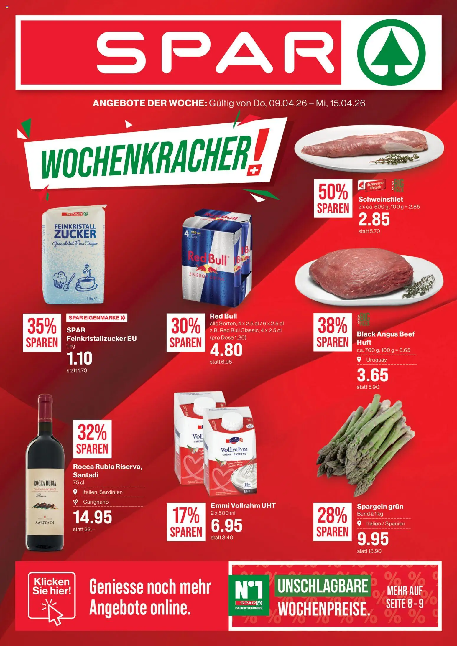 Vorschau des Merkblatts SPAR aktionen vom Shop SPAR gültig von 09.04.2026 bis 15.04.2026 - Red bull, Zucker, Creme