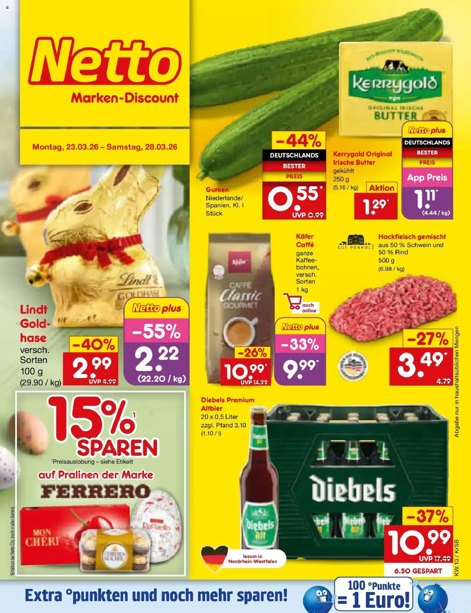 Vorschau von dem Prospekt des Geschäftes Netto Marken-Discount, gültig ab dem 23.03.2026 - Kaffee, Butter, Lindt, Hackfleisch, Gurken, Diebels