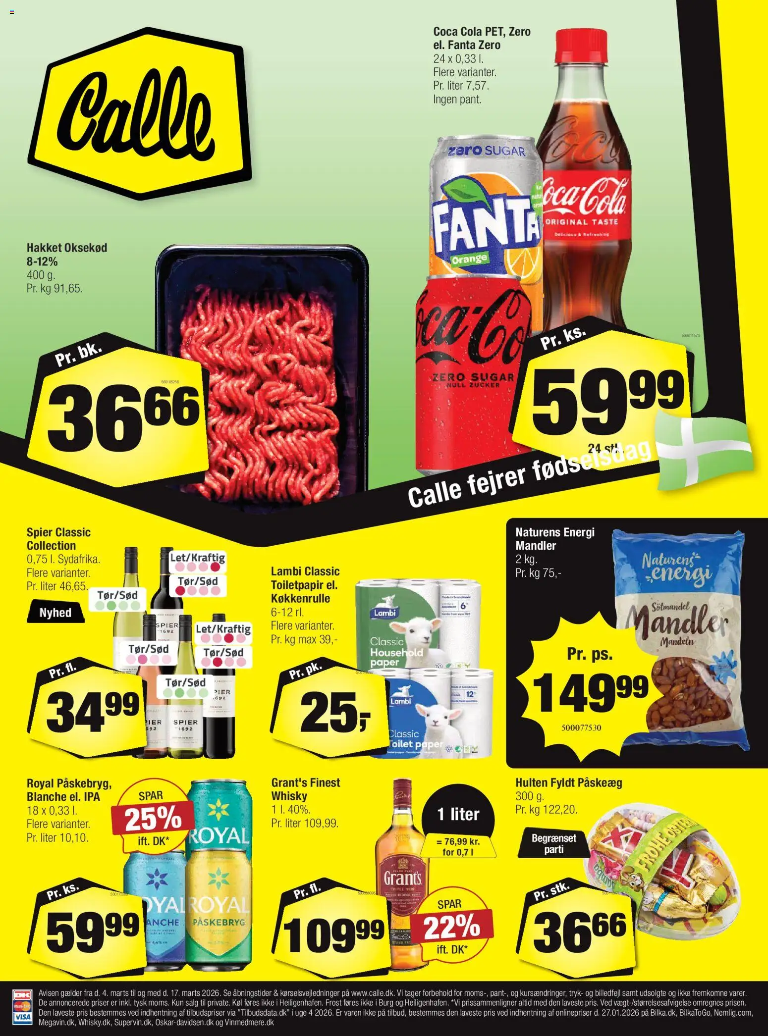 Eksempel på tilbudsavis Calle - Tilbudsavis fra butik Calle gyldig fra 04/03/2026 - Coca Cola, Cola, Whisky, Oksekød, Mandler, Fanta