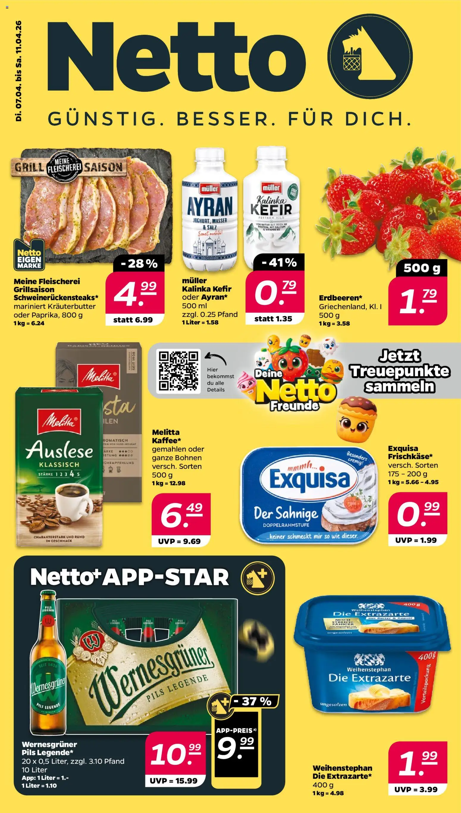 Vorschau von dem Prospekt des Geschäftes Netto, gültig ab dem 07.04.2026 - Wasser, Grill, Kefir, Salz, Kräuterbutter, Melitta, Exquisa, Wernesgruner