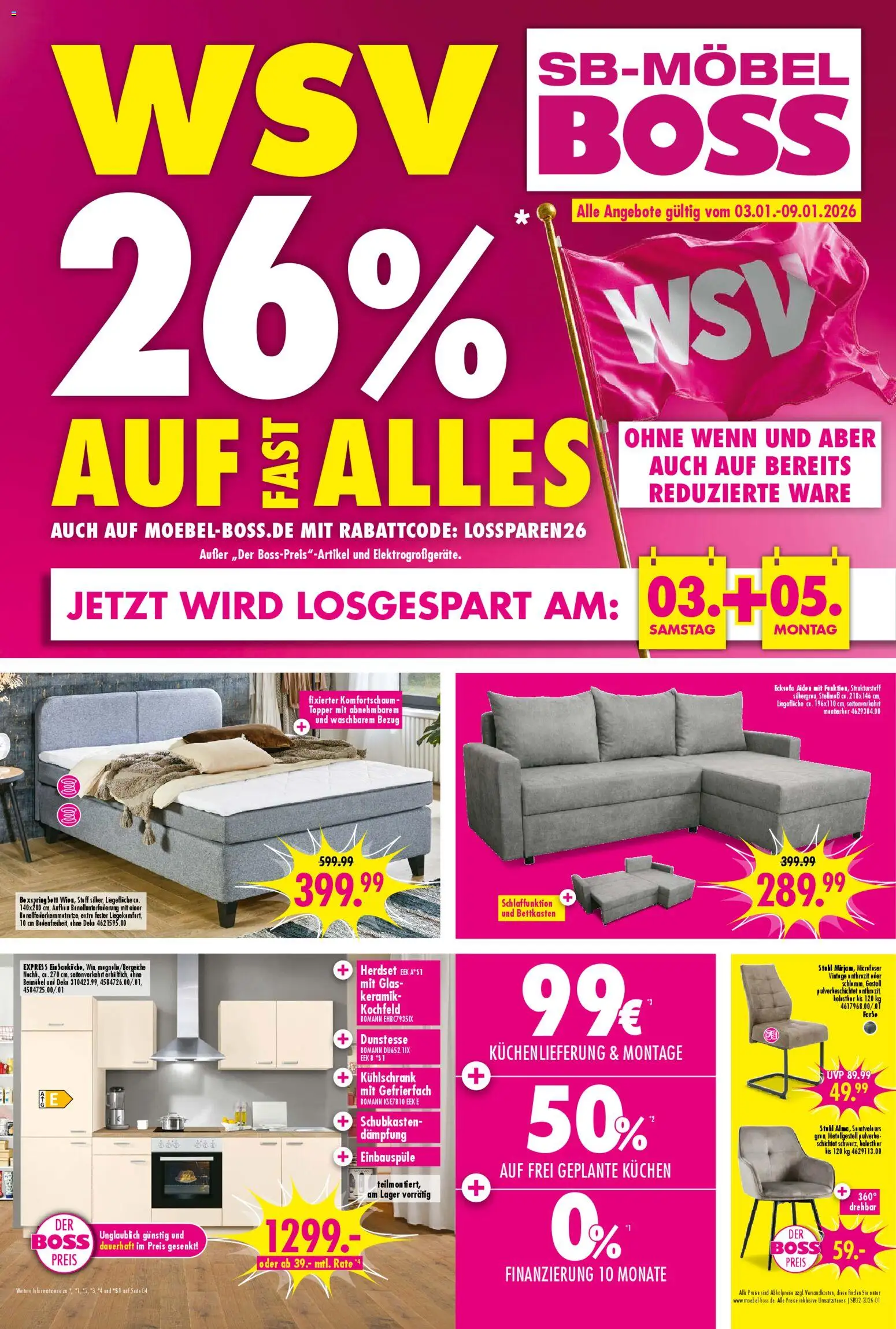 Vorschau von dem Prospekt des Geschäftes SB Möbel Boss, gültig ab dem 03.01.2026 - Kühlschrank, Kuchen, Topper, Kochfeld