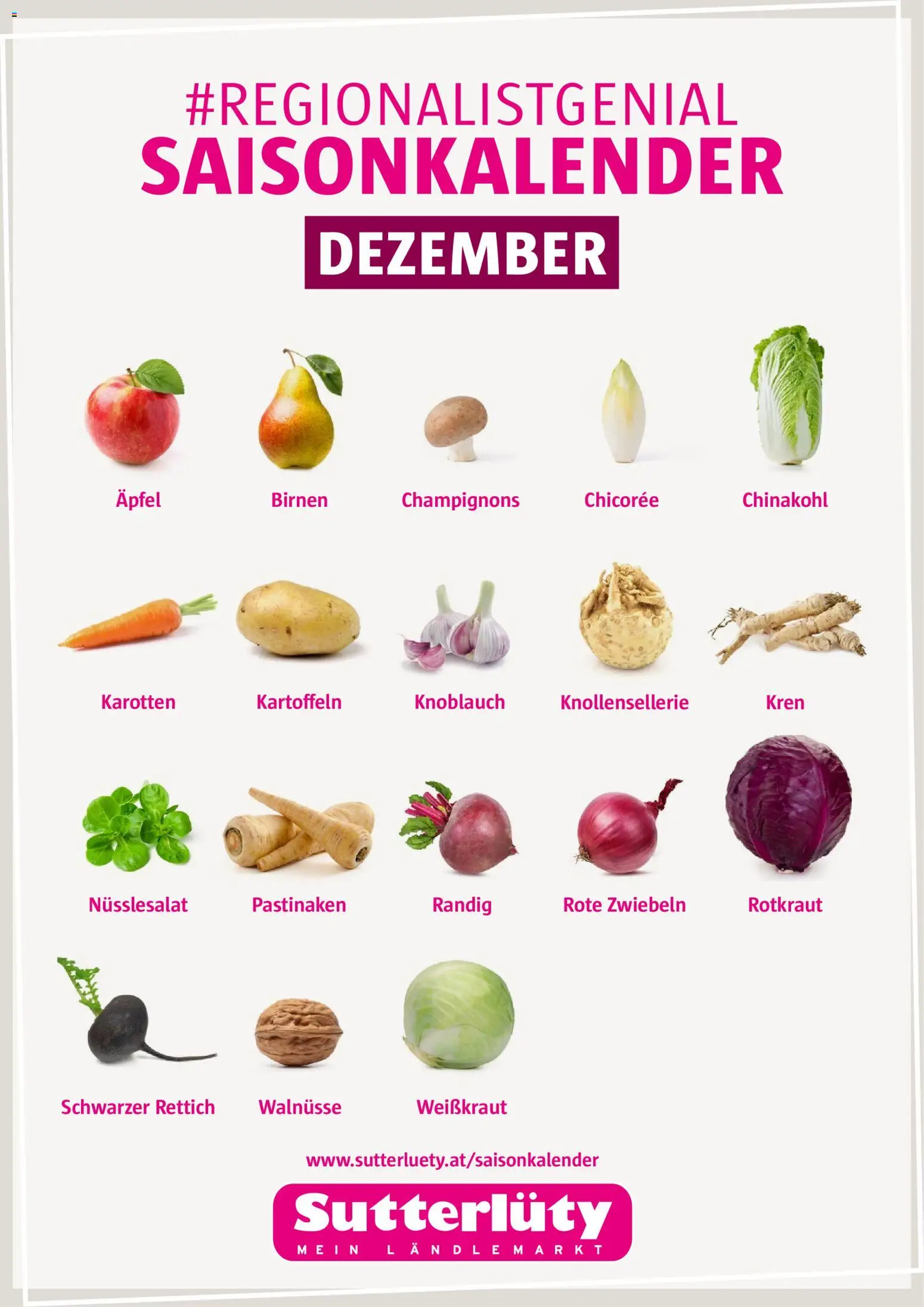 Vorschau der Angebote: Sutterlüty Saisonkalender 12/25 gültig ab 01.12.2025 - Äpfel, Chinakohl, Knoblauch, Kartoffeln, Zwiebeln