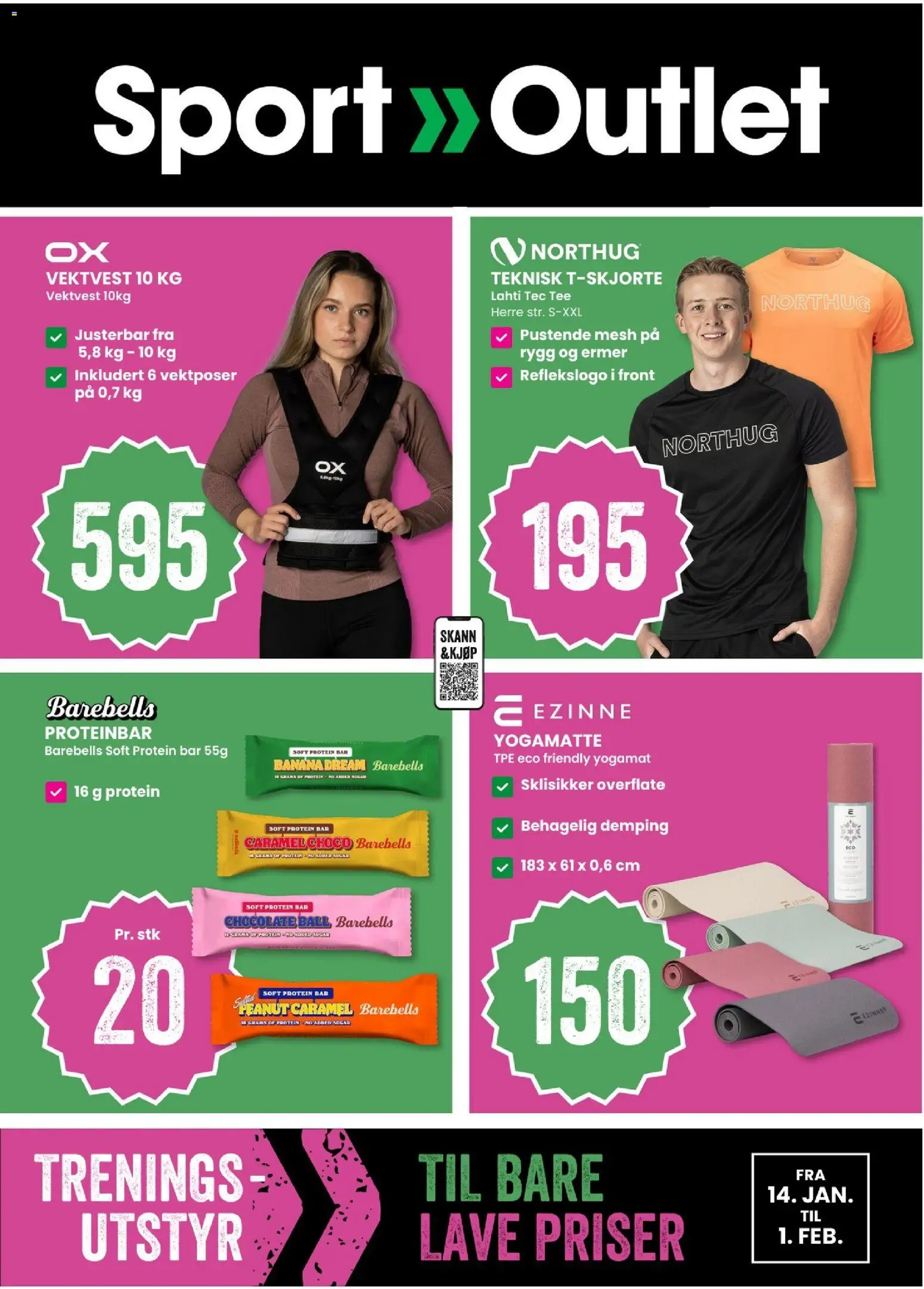 Forhåndsvis Kundeavis fra butikk Sport Outlet gyldig fra 14/01/2026 - Vektvest, Mesh, Yogamatte, Protein, Proteinbar, Protein bar