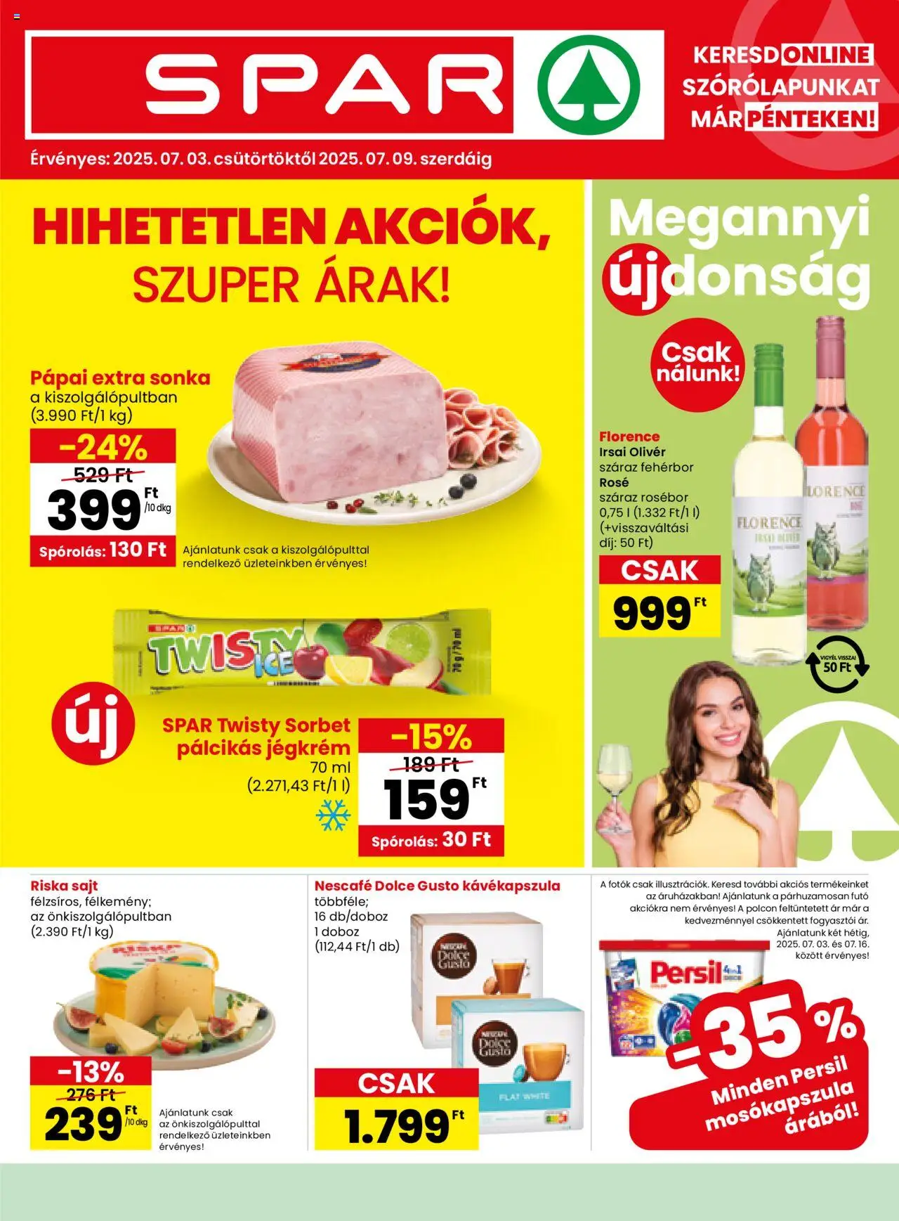 Spar aktuális szórólap, érvényes 2025.07.03.-től - 1 oldal - Dolce Gusto, Sajt, Nescafé, Sonka, Persil, Fehérbor, Pálcikás jégkrém, Pápai