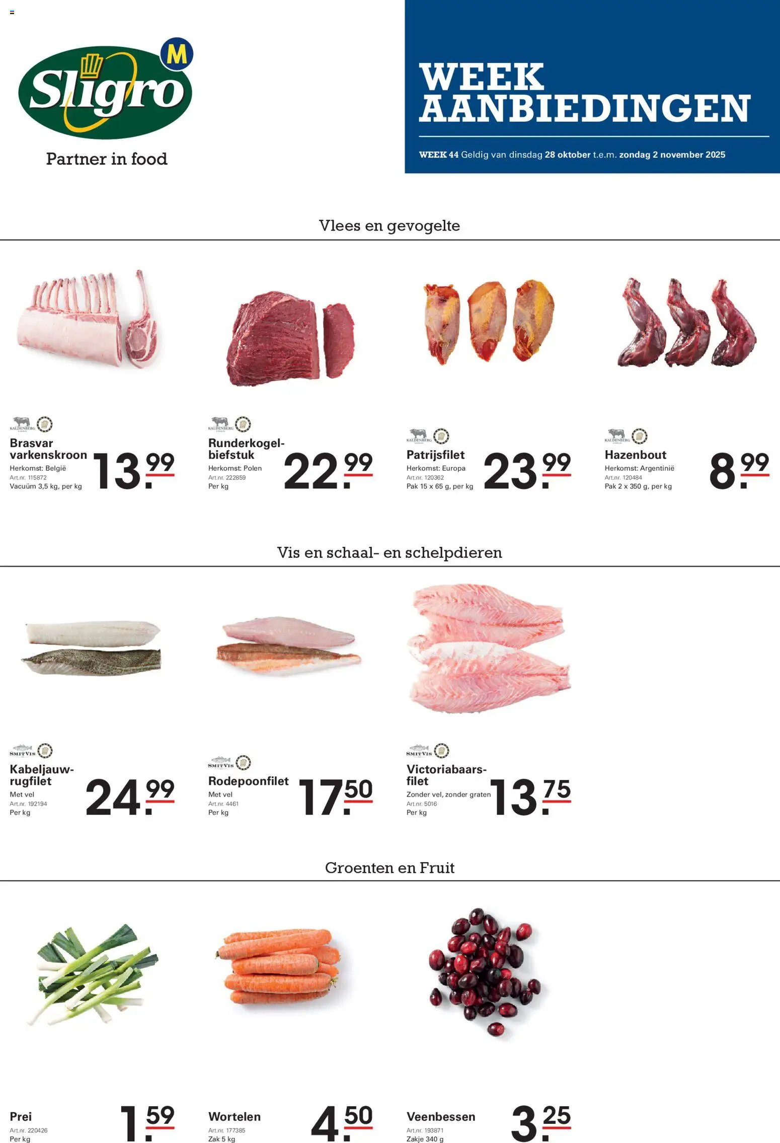 Voorbeeld van Folder van winkel Sligro geldig vanaf 28/10/2025 - Vis, Groenten, Prei, Biefstuk, Veenbessen, Filet, Wortelen, Gevogelte