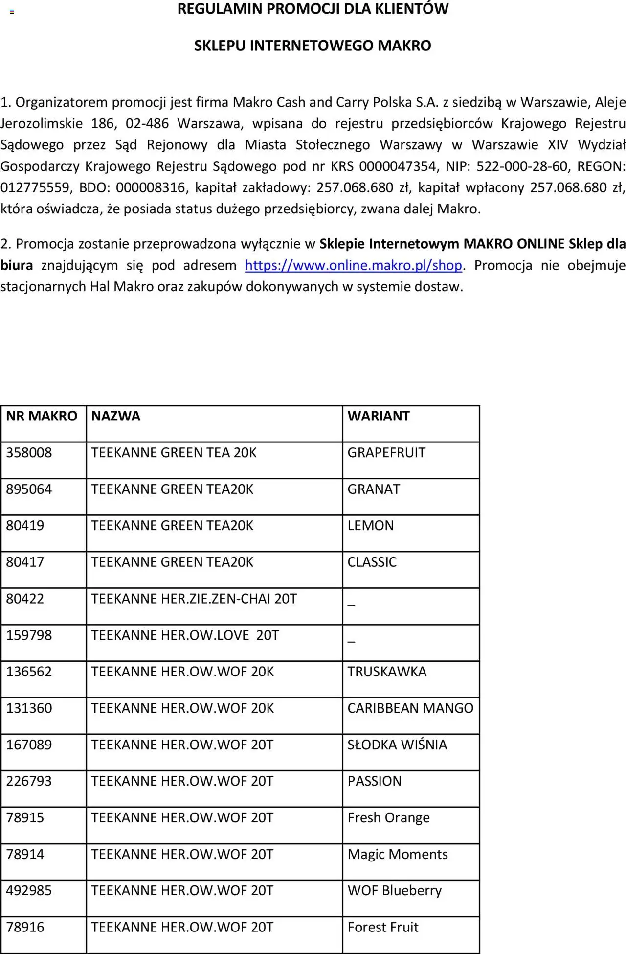 Makro Regulamin akcji Teekanne od 05.08.2025 - Nowa Gazetka - Numer strony 1 - Mango, Promocja