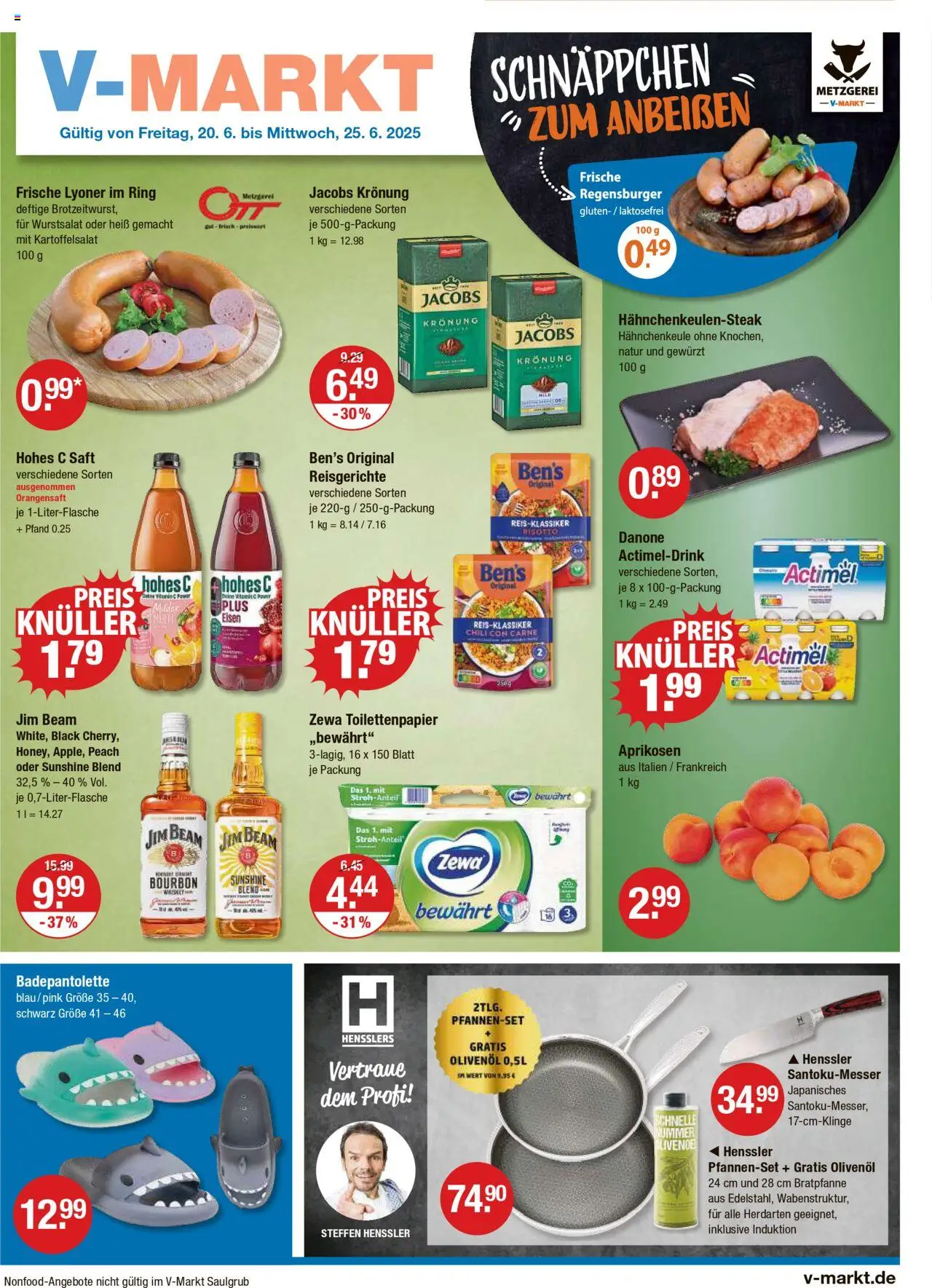V-Markt Angebote (vom 20.06.2025) - Oberpfalz - Saft, Whiskey, Actimel, Orangensaft, Toilettenpapier, Jim beam, Hohes c, Olivenol