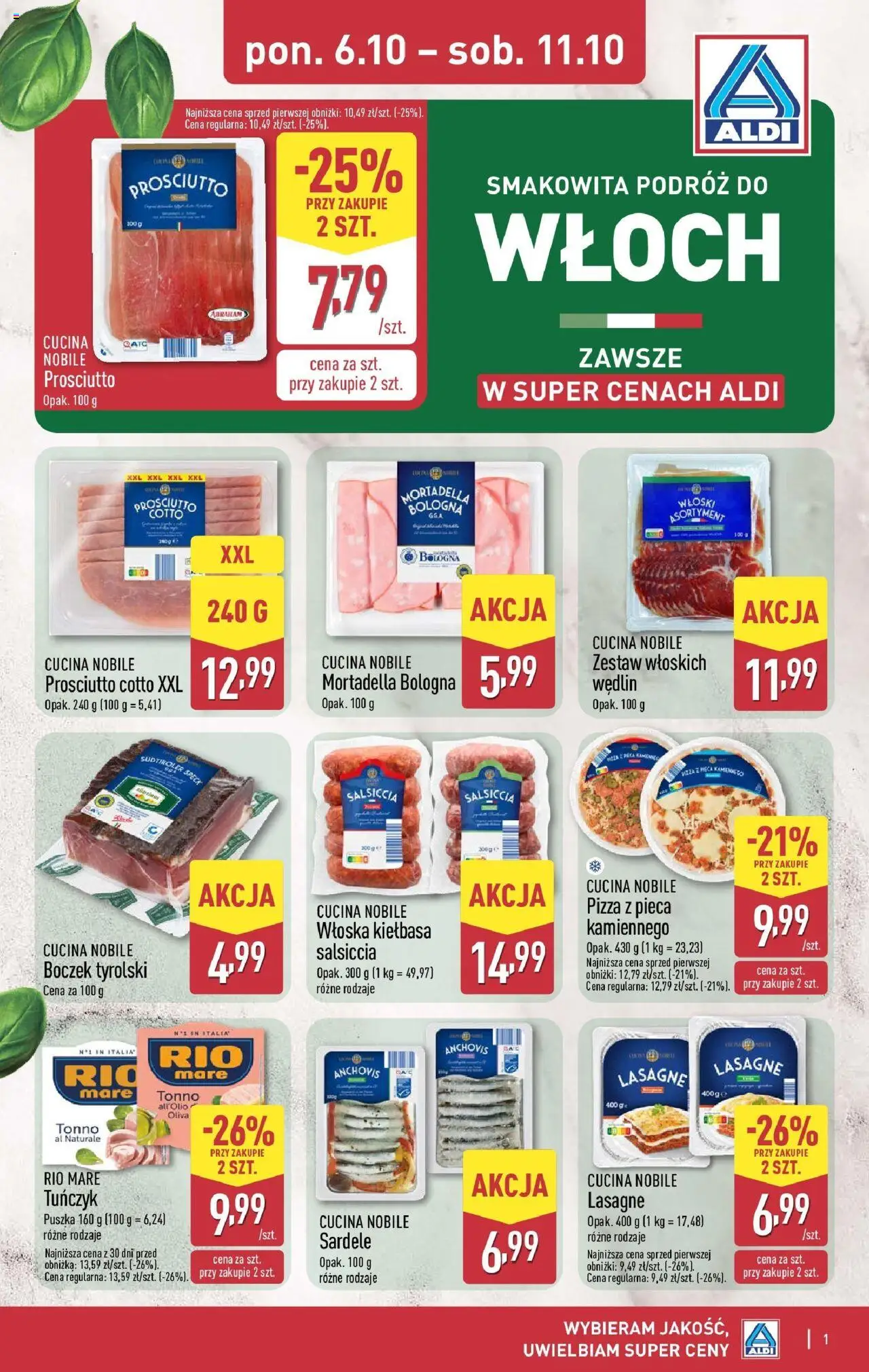 Aldi Smakowita podróż do Włoch od 06.10.2025 - Nowa Gazetka - Numer strony 1 - Pizza, Lasagne, Kiełbasa, Tuńczyk, Boczek, Prosciutto, Pizza z pieca