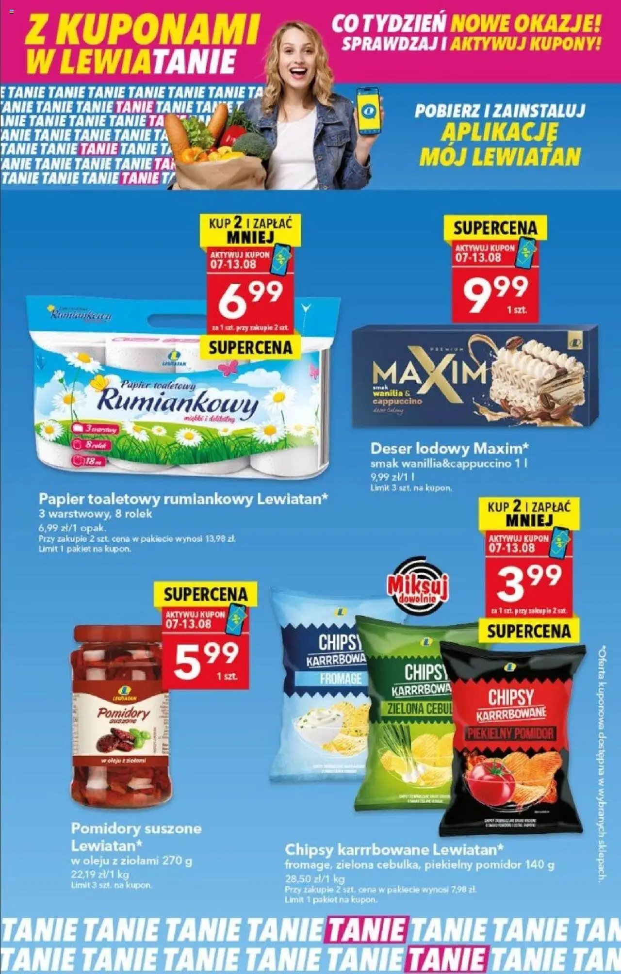 Lewiatan gazetka od 07.08.2025 - Promocje "Z Kuponami w Lewiatanie" - Numer strony 1 - Chipsy, Pomidor, Cappuccino, Papier toaletowy, Deser, Wanilia, Pomidory, Pomidory suszone