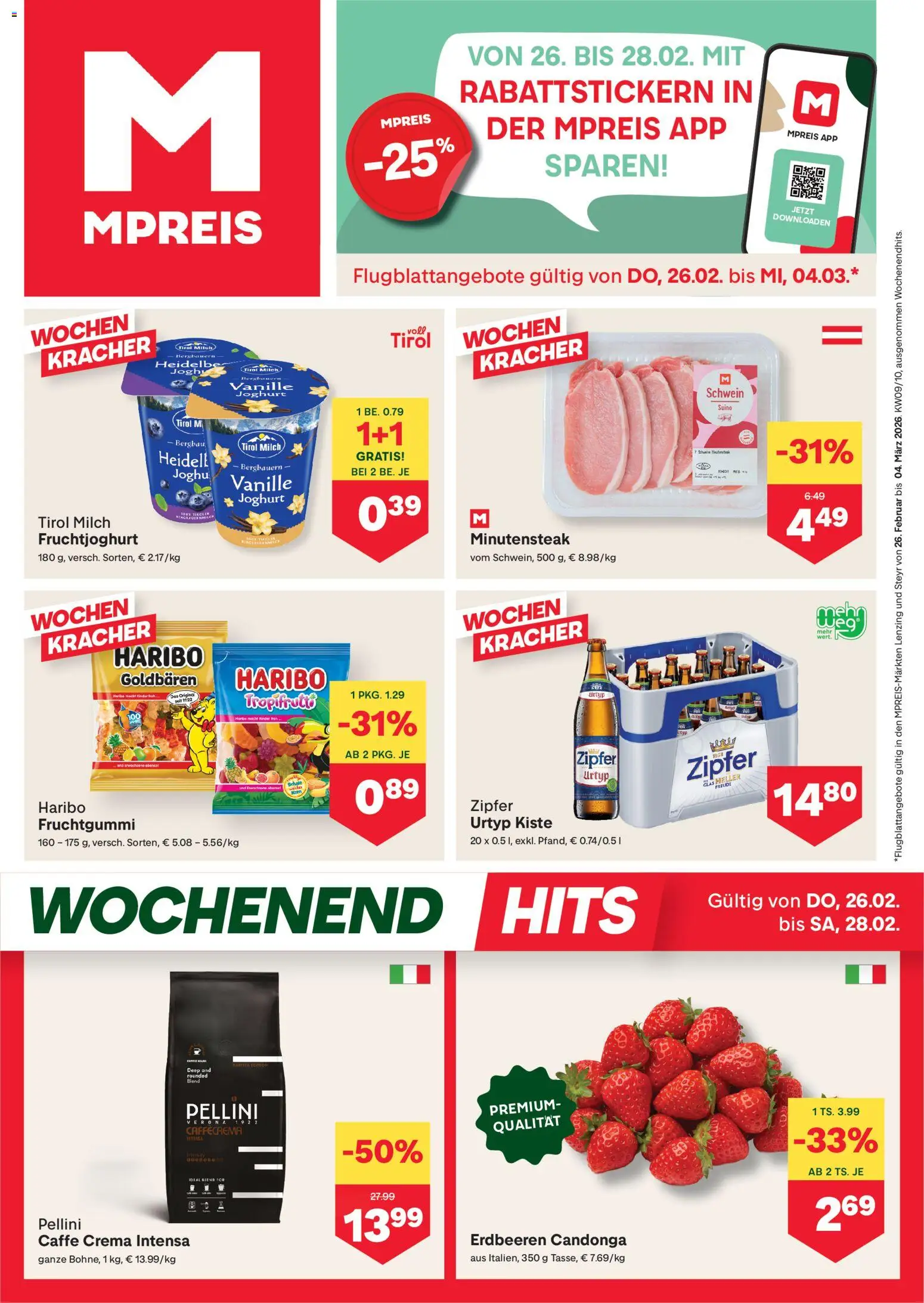 Vorschau der Angebote: MPREIS Lenzing gültig ab 26.02.2026 - Erdbeeren, Milch, Joghurt, Vanille