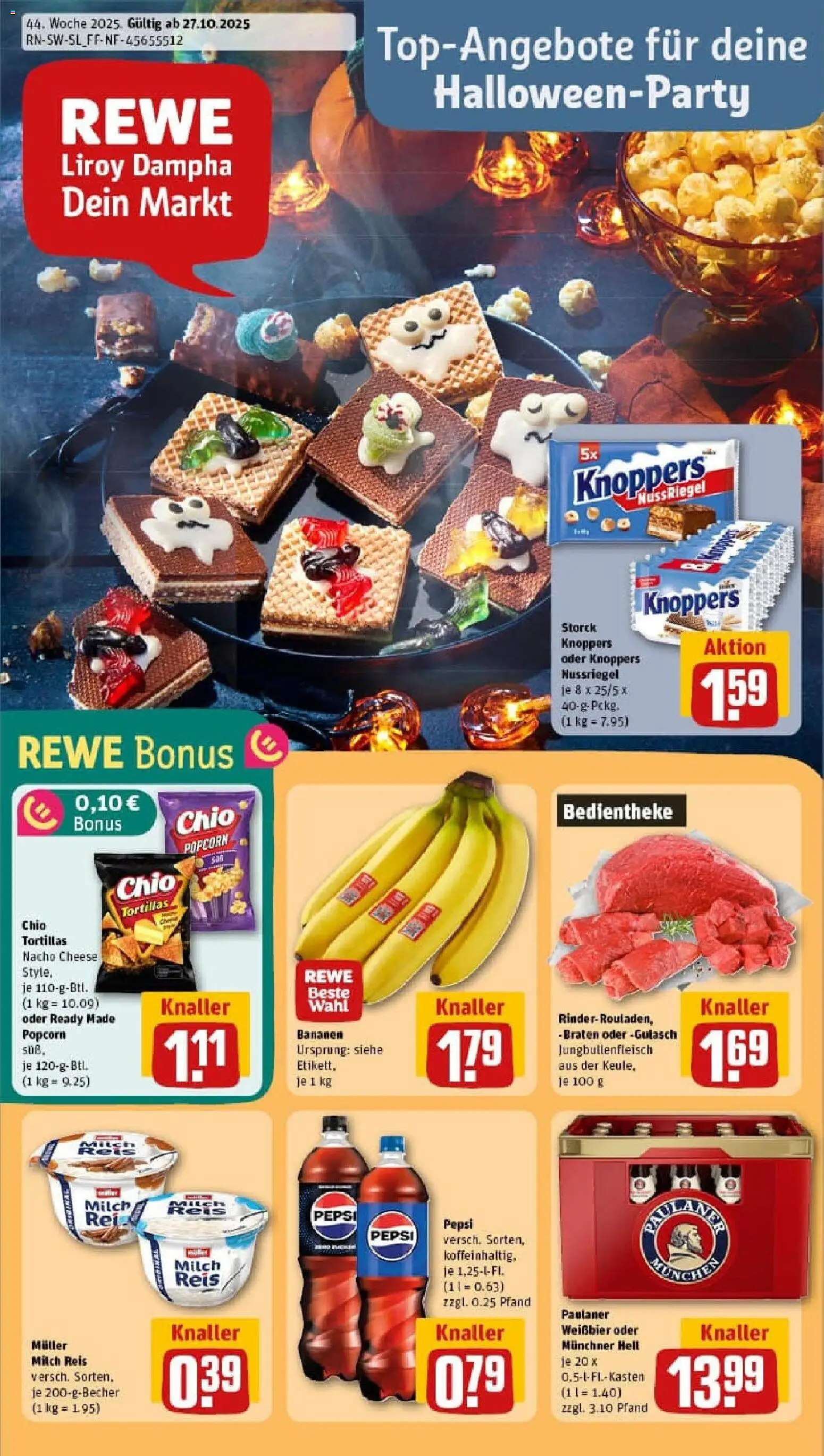 Vorschau von dem Prospekt des Geschäftes Rewe, gültig ab dem 26.10.2025 - Gulasch, Tortillas, Milch, Reis, Pudding, Knoppers, Pepsi, Chio tortillas