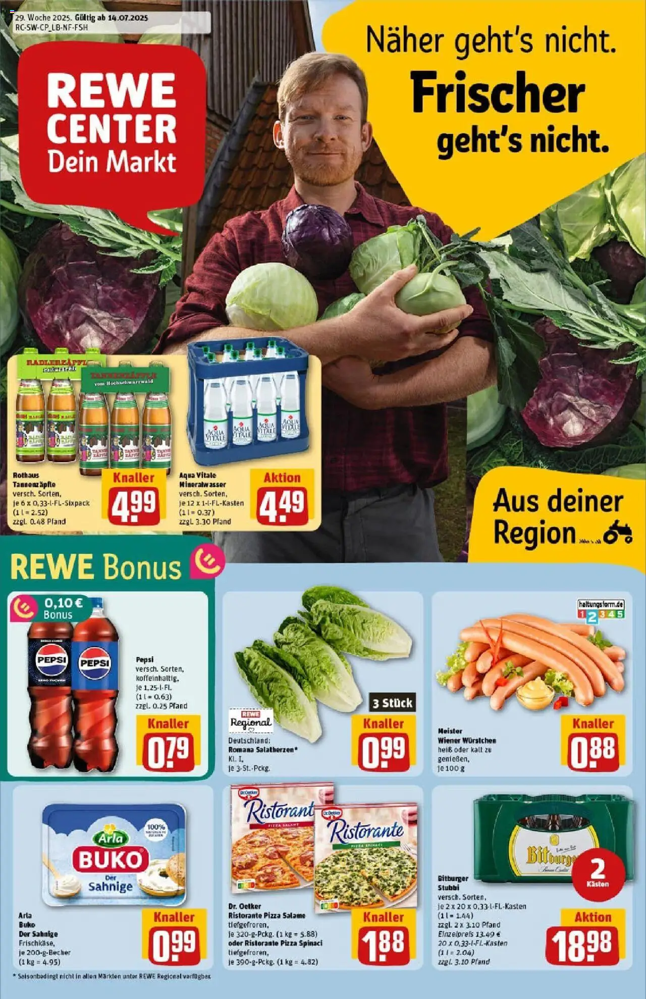 REWE Prospekt ab 13.07.2025 nächste Woche - Prospekt Heidelberg/Handschuhsheim - Pizza, Mineralwasser, Ristorante, Bitburger, Pepsi, Arla buko, Wiener wurstchen