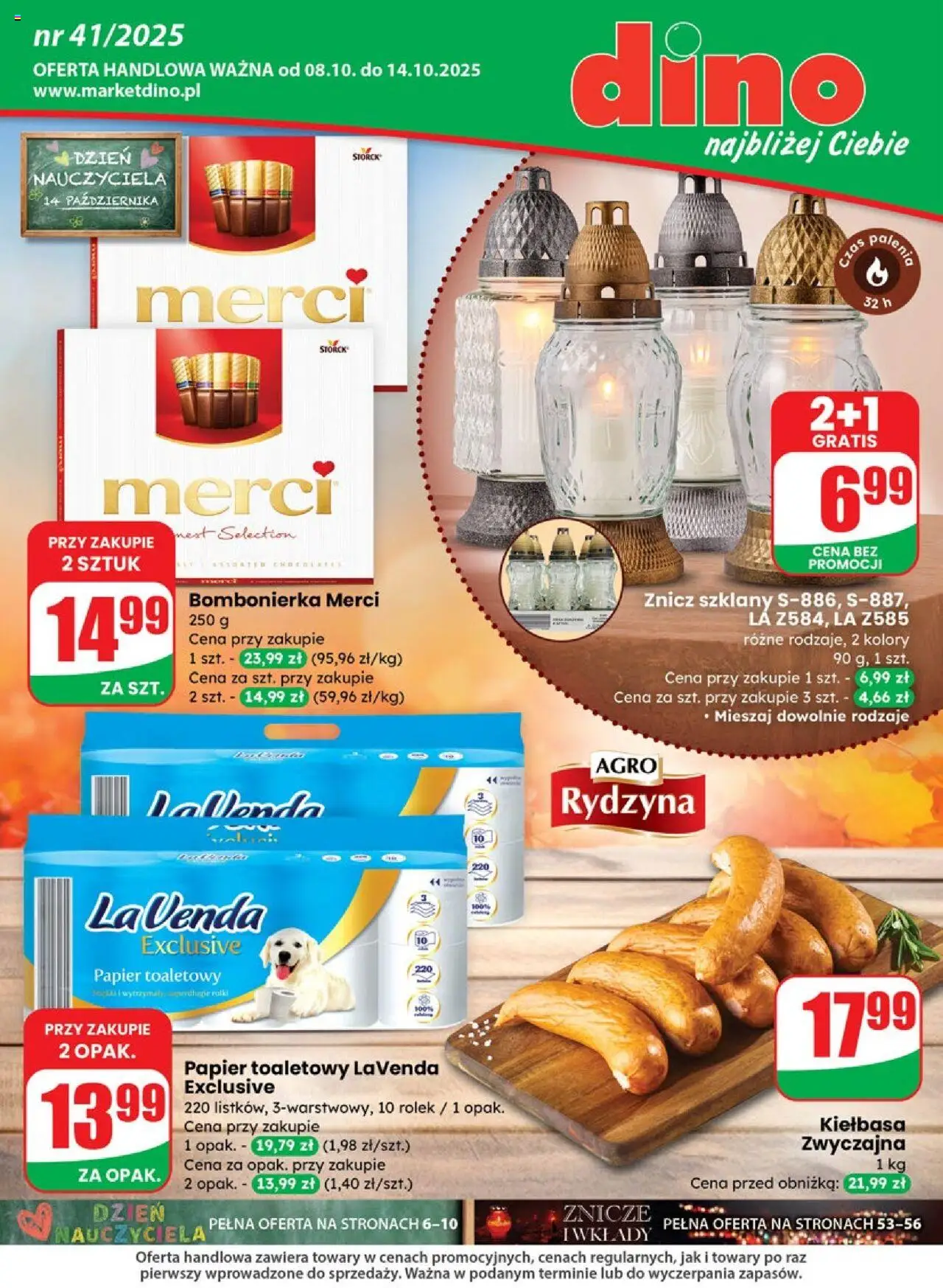 Pogląd gazetki "Gazetka" ze sklepu Dino ważnej od 08.10.2025 - Znicze, Merci, Papier toaletowy, Kiełbasa, Bombonierka, Papier toaletowy lavenda