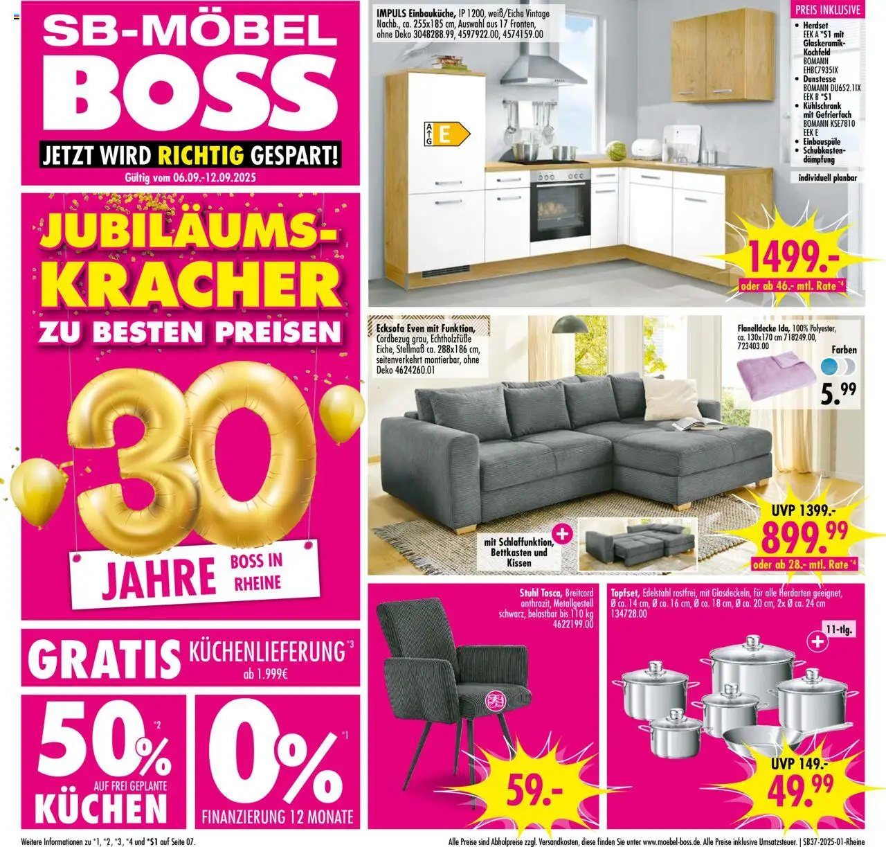 SB Möbel Boss Prospekt Rheine (vom 06.09.2025 - 12.09.2025) - Kühlschrank, Kuchen, Ecksofa, Kissen, Stuhl, Kochfeld