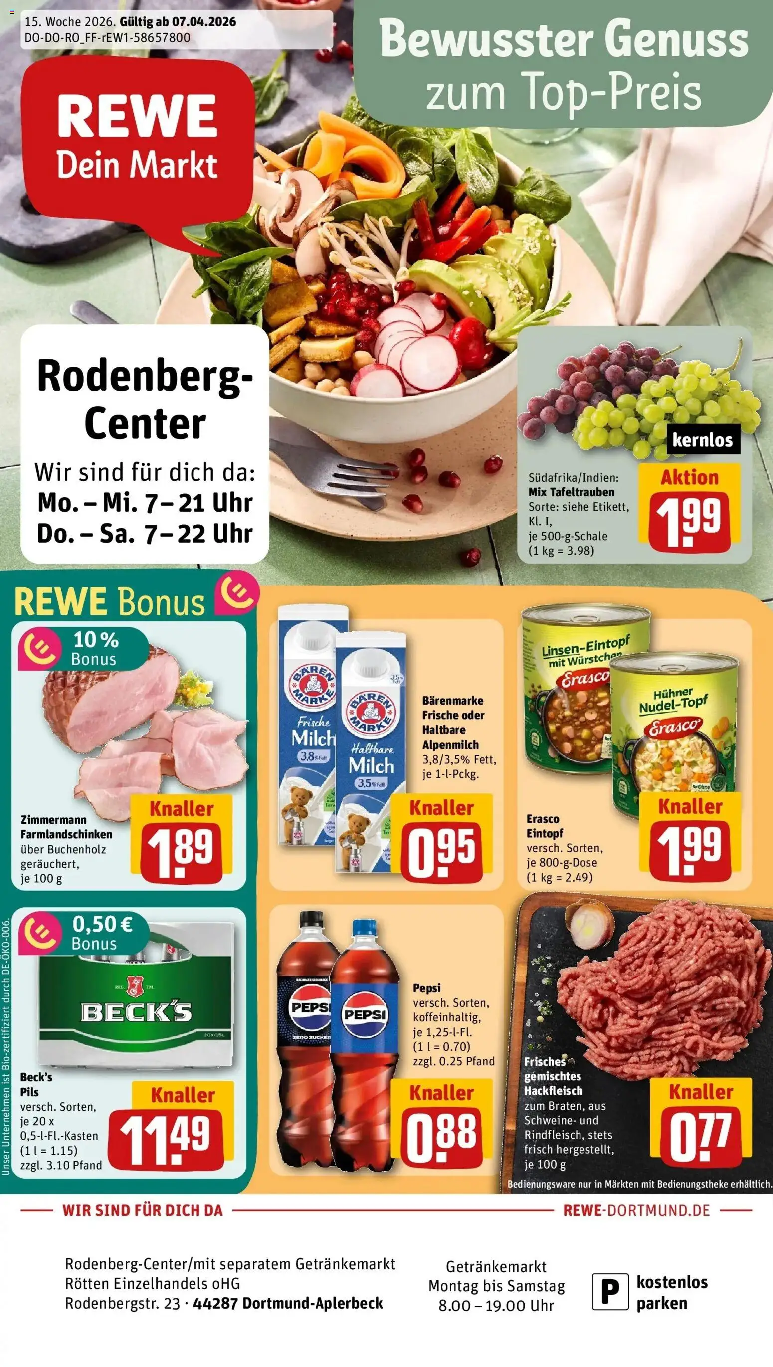 Vorschau von dem Prospekt des Geschäftes Rewe, gültig ab dem 05.04.2026 - Uhr, Milch, Hackfleisch, Zucker, Pepsi, Pils, Erasco
