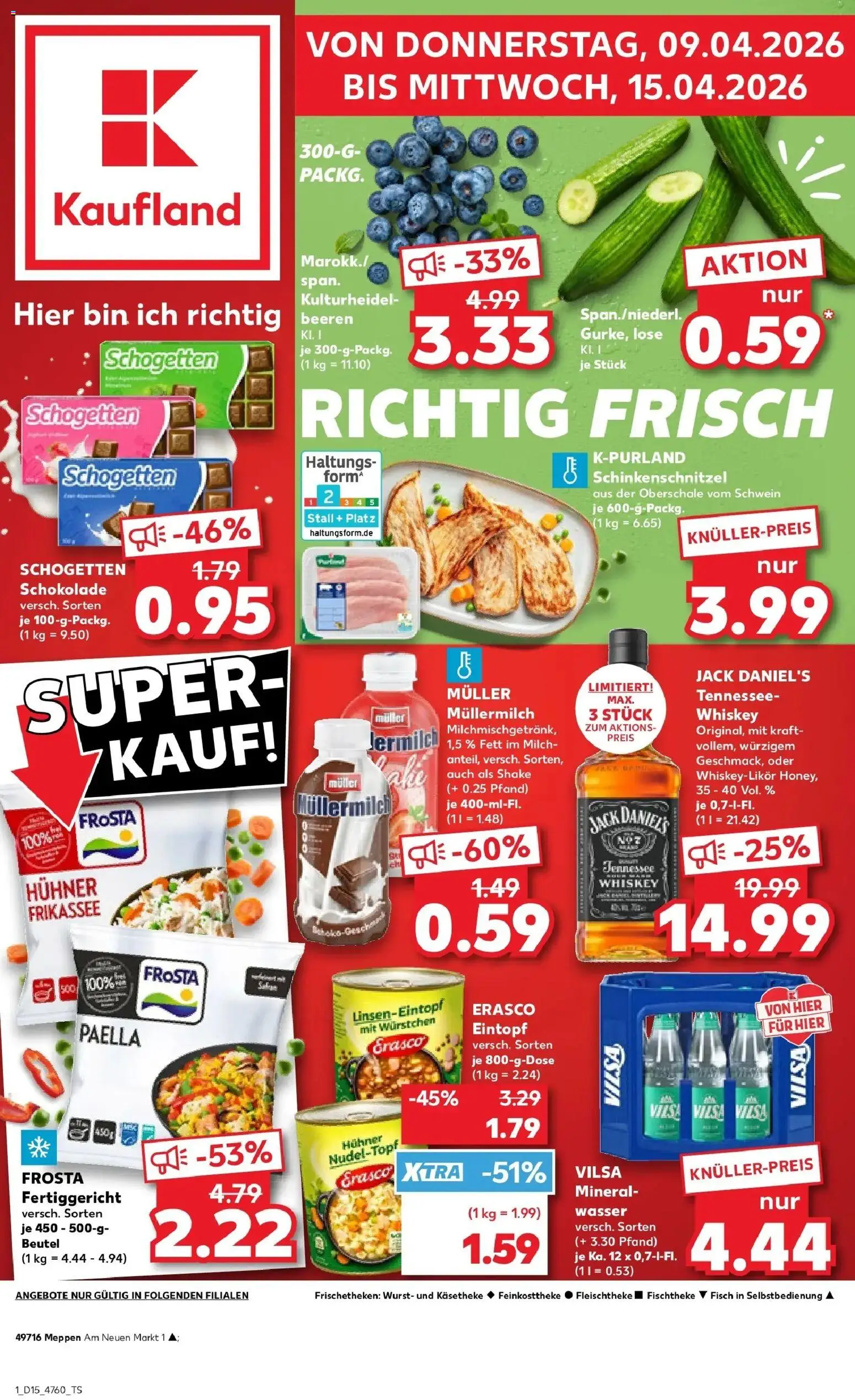 Vorschau von dem Prospekt des Geschäftes Kaufland, gültig ab dem 08.04.2026 - Wasser, Schokolade, Wurst, Milch, Frosta, Schogetten, Erasco, Muller mullermilch