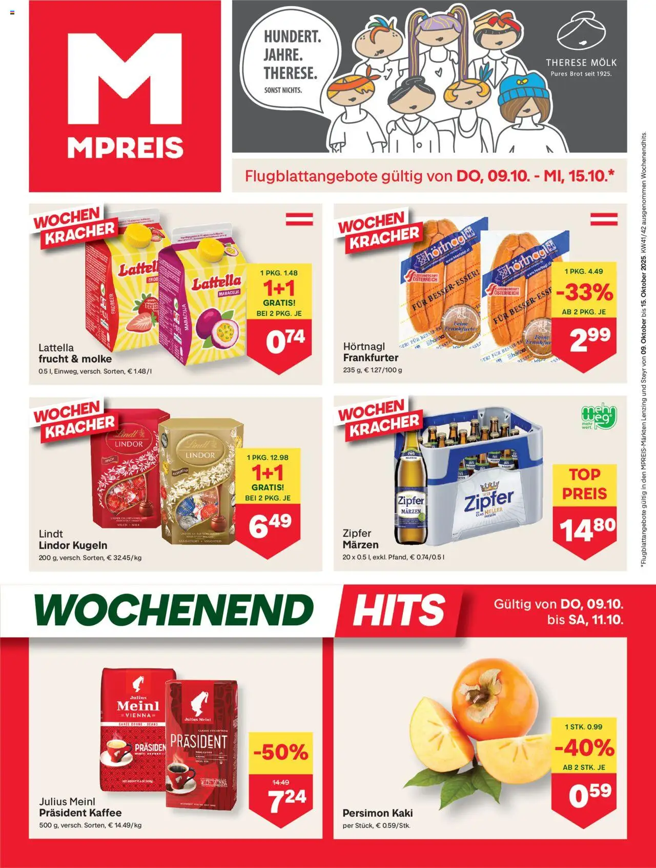  MPREIS Lenzing ab (09.10.2025 - 15.10.2025) - Seite 1 - Kaffee, Kaki, Brot
