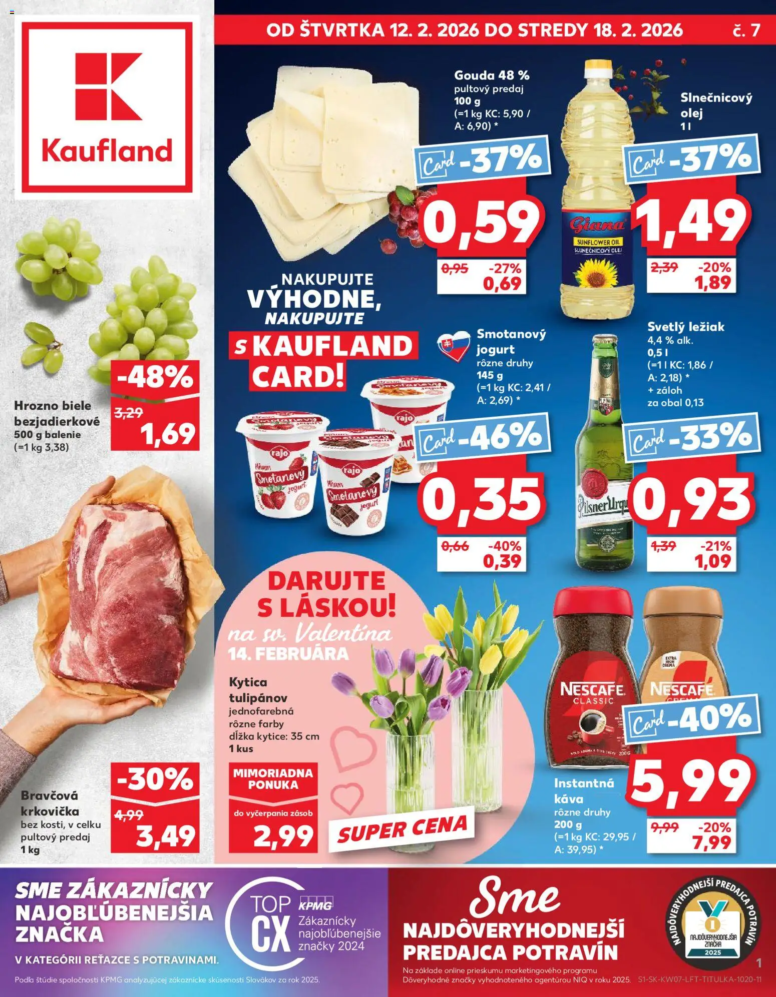 Náhľad Kaufland letáku platného od 12.02.2026 - Káva, Pilsner Urquell, Krkovička, Hrozno, Instantná káva, Gouda, Nescafé Classic, Smotanový jogurt