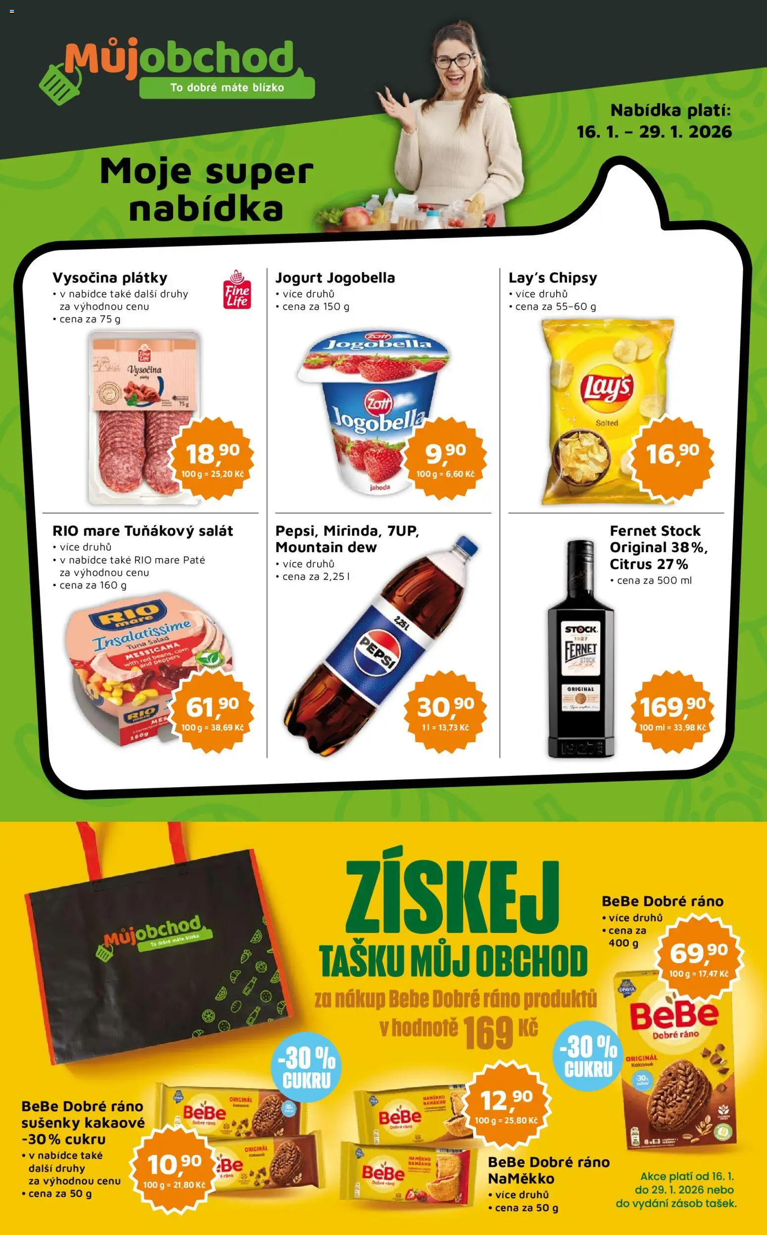 Náhled nabídky: Můj obchod Leták - Brand platný od 16.01.2026 - Sušenky, Fernet, Tuňákový salát, Mountain Dew, Chipsy, Bebe, Rio mare, Jogobella