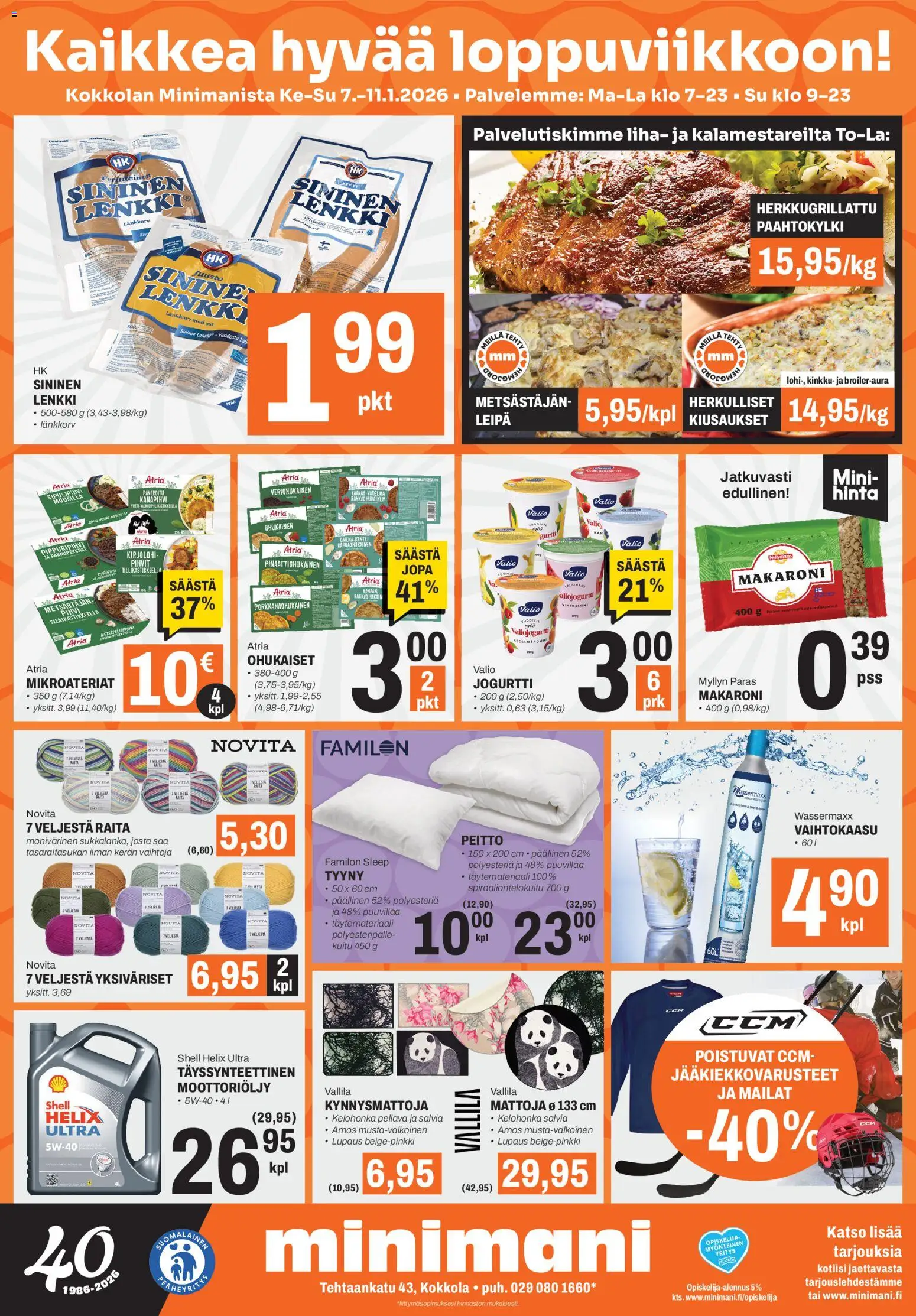 Kaupan Minimani Tarjoukset - Kokkola esikatselu, voimassa 07/01/2026 - Leipä, Vadelma, Kirjolohi, Peitto, Kinkku, Pihvi, Jogurtti, Moottoriöljy