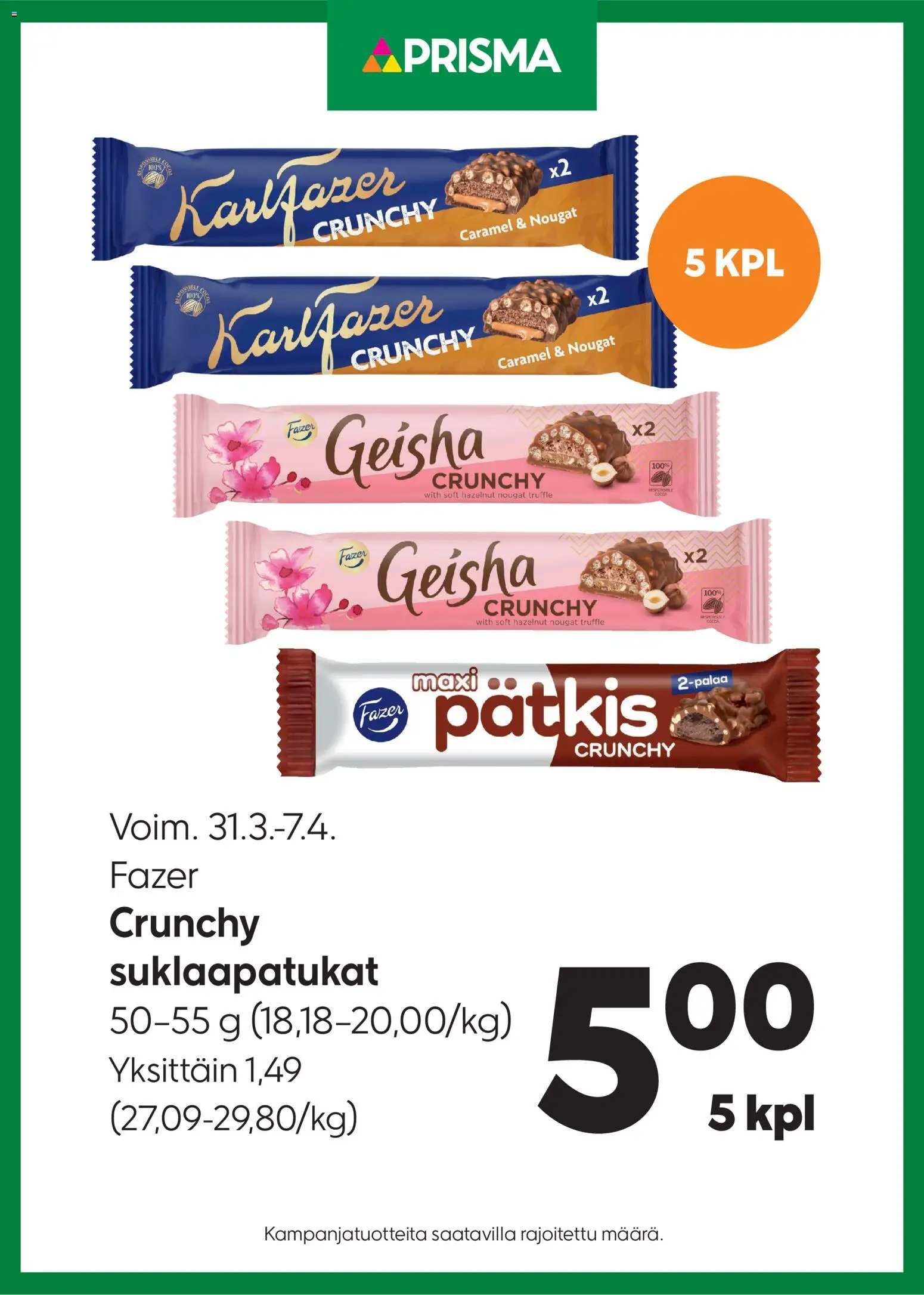 Kaupan Prisma Prisma tarjoukset suklaapatukat esikatselu, voimassa 31/03/2026