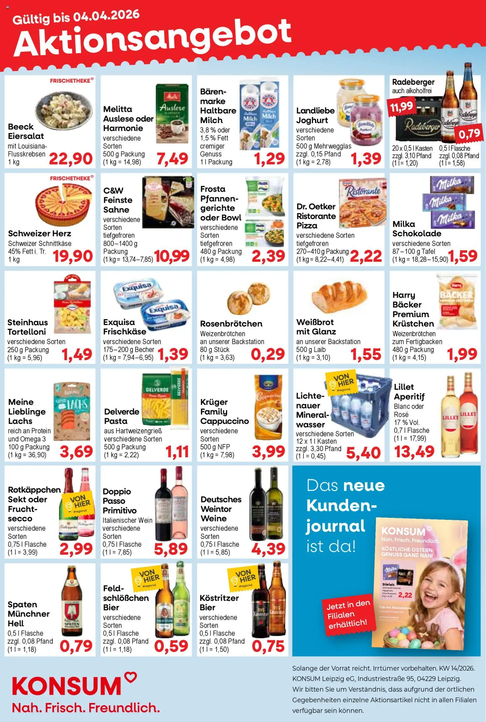 Vorschau von dem Prospekt des Geschäftes KONSUM Leipzig, gültig ab dem 30.03.2026 - Pizza, Schokolade, Wein, Joghurt, Ristorante, Sekt, Exquisa, Frischkase