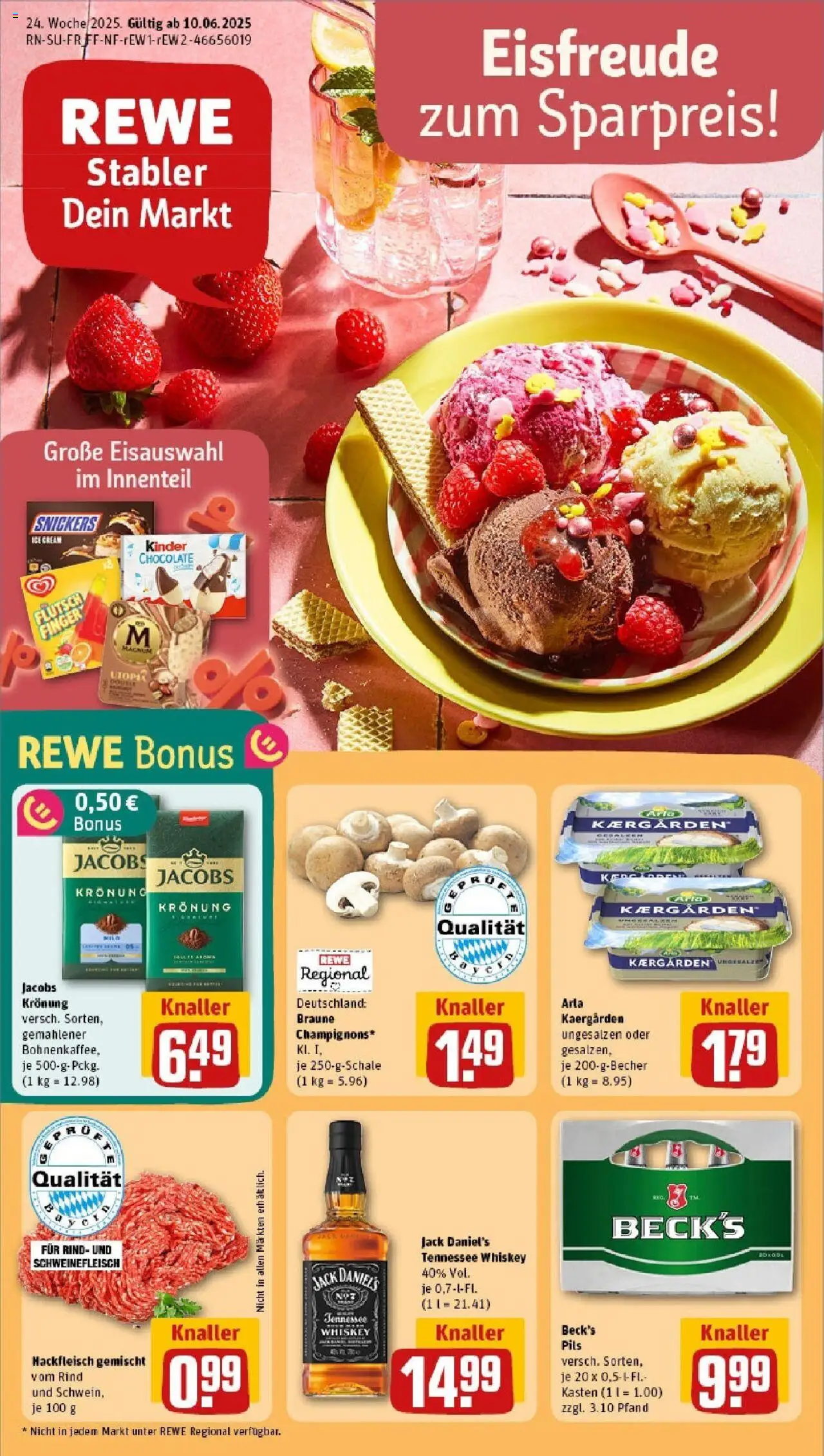REWE Prospekt ab 08.06.2025 nächste Woche - Prospekt Oettingen - Hackfleisch, Snickers, Whiskey, Schweinefleisch, Pils, Jack Daniel's