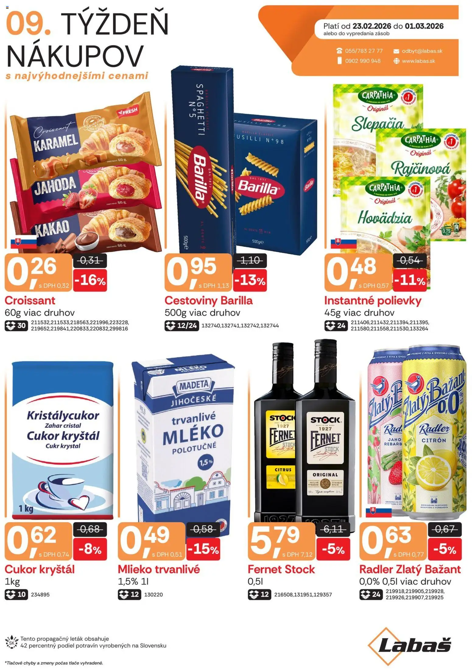 Náhľad Labaš letáku platného od 23.02.2026 - Polievky, Croissant, Cukor, Fernet, Radler, Barilla, Cestoviny Barilla, Cukor kryštál