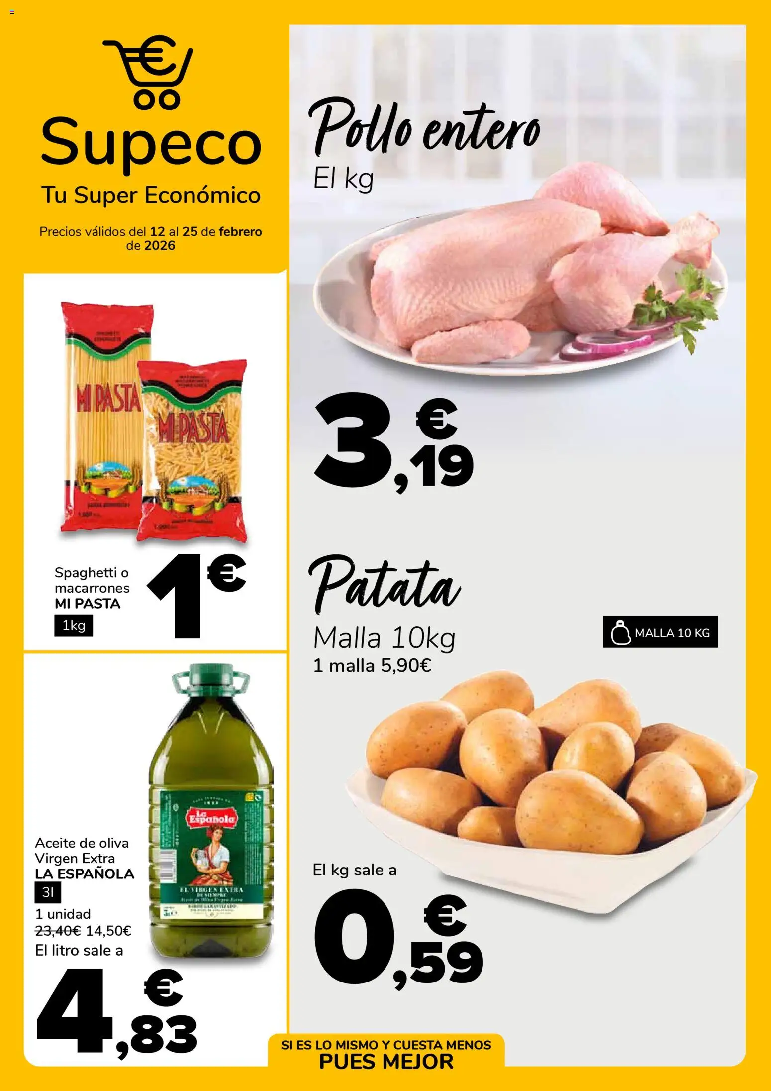 Vista previa del folleto de la tienda Supeco válido desde el 12/02/2026 - Aceite de oliva, Pasta, Aceite, Aceite de oliva virgen extra, Pollo entero, Pollo