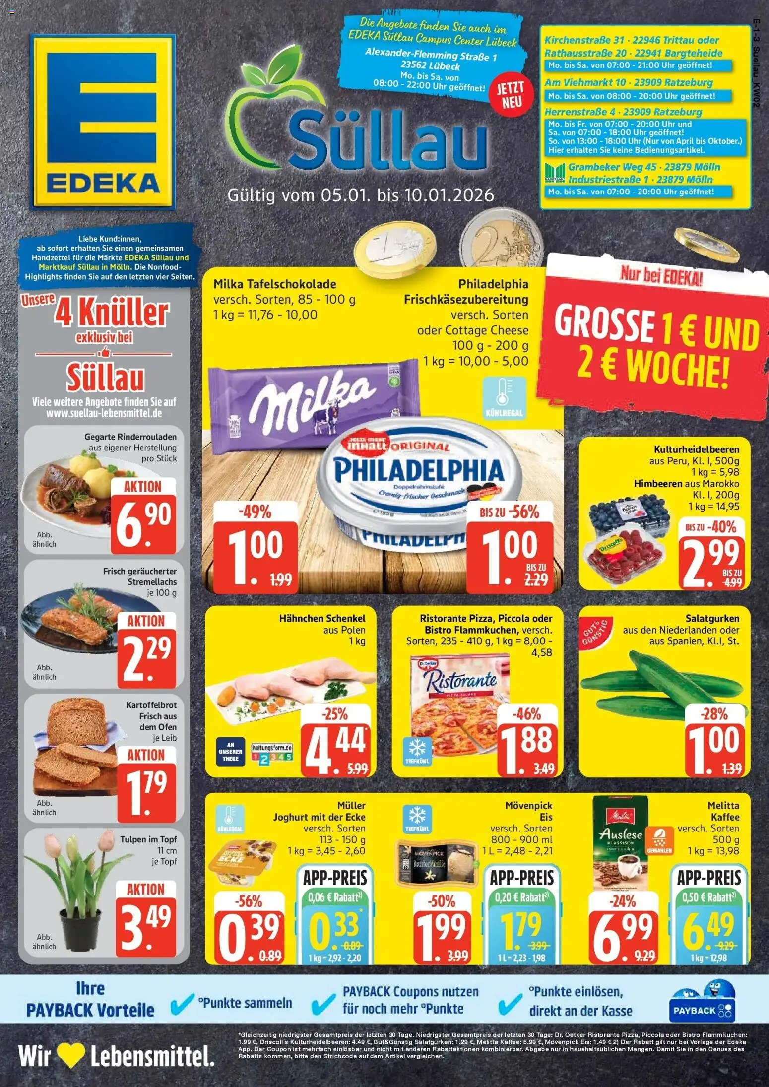 Vorschau von dem Prospekt des Geschäftes Edeka, gültig ab dem 04.01.2026 - Pizza, Kaffee, Joghurt, Philadelphia, Himbeeren, Rinderrouladen, Milka, Melitta kaffee